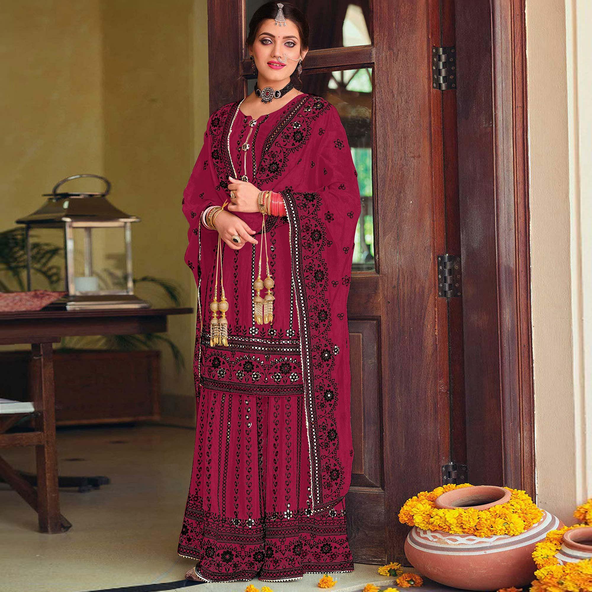 Dark Red Partywear Designer Floral Embroidered Georgette Palazzo Suit - Peachmode