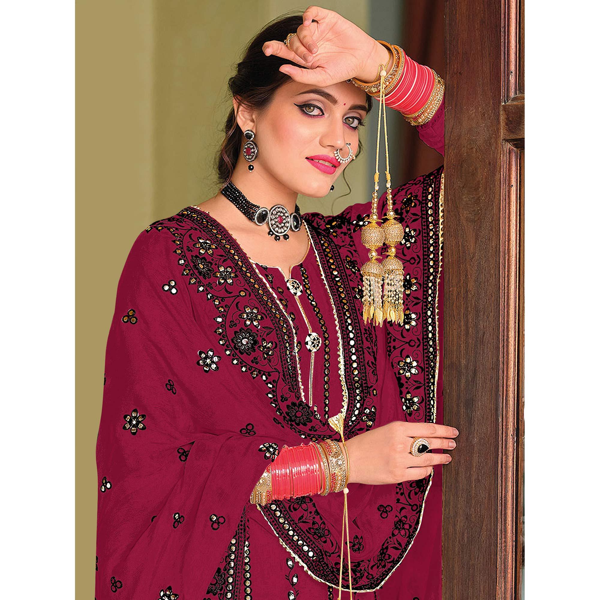 Dark Red Partywear Designer Floral Embroidered Georgette Palazzo Suit - Peachmode