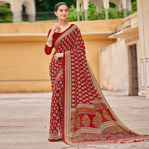 Dark Red Printed Georgette Saree - Peachmode