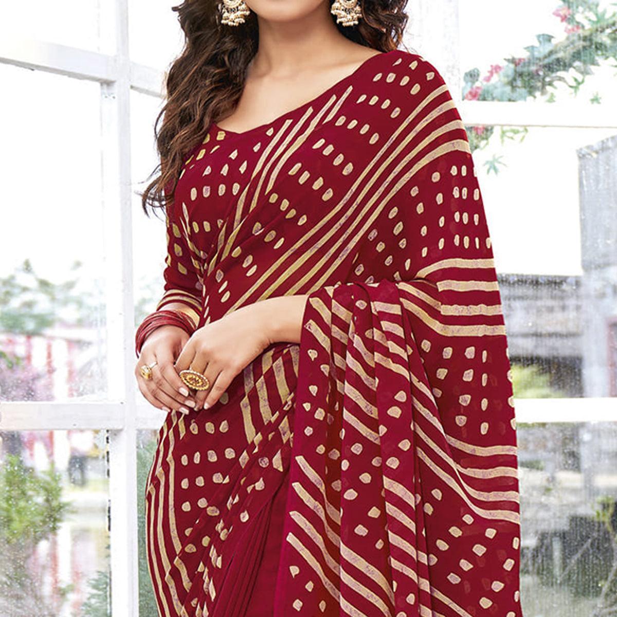 Dark Red Printed Georgette Saree - Peachmode