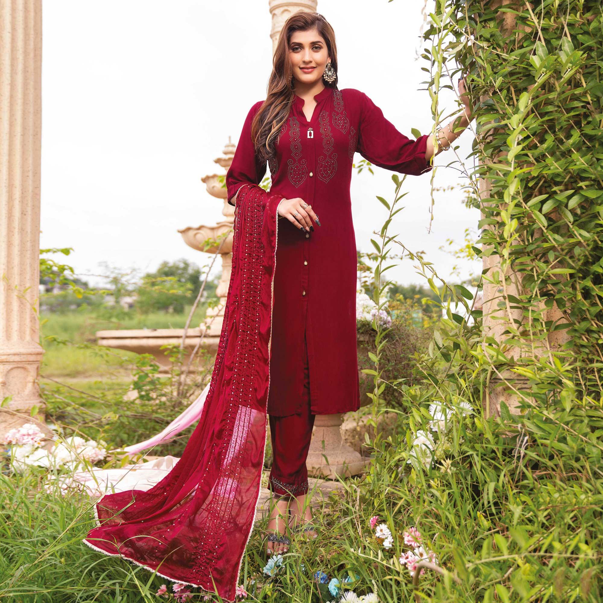 Dark Red Swarovski Work Rayon Salwar Suit - Peachmode