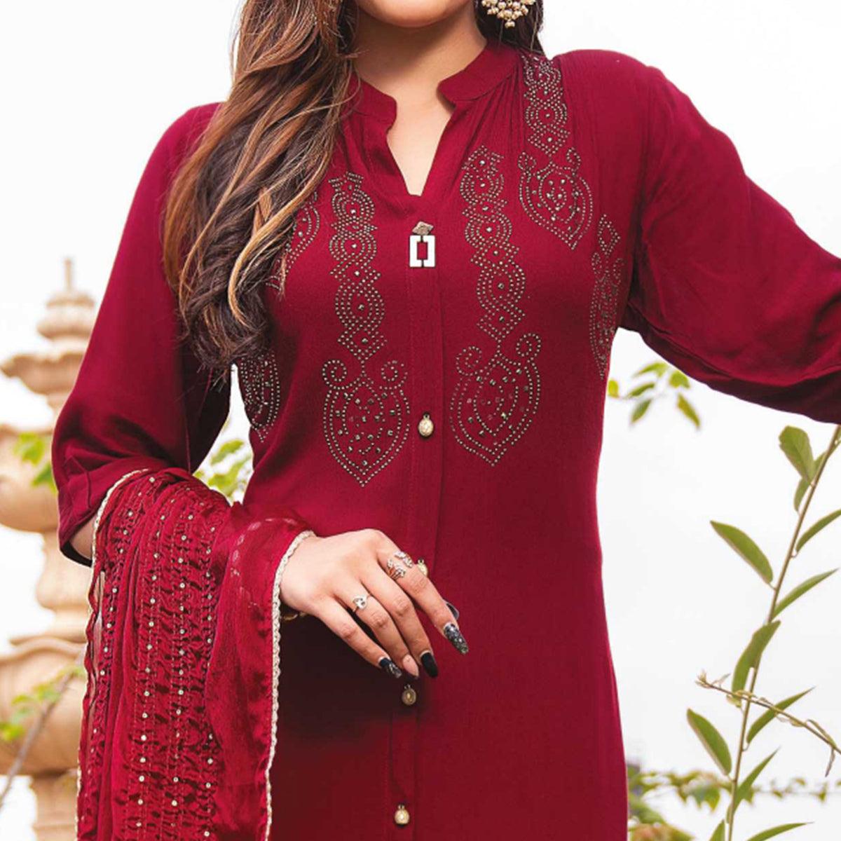 Dark Red Swarovski Work Rayon Salwar Suit - Peachmode