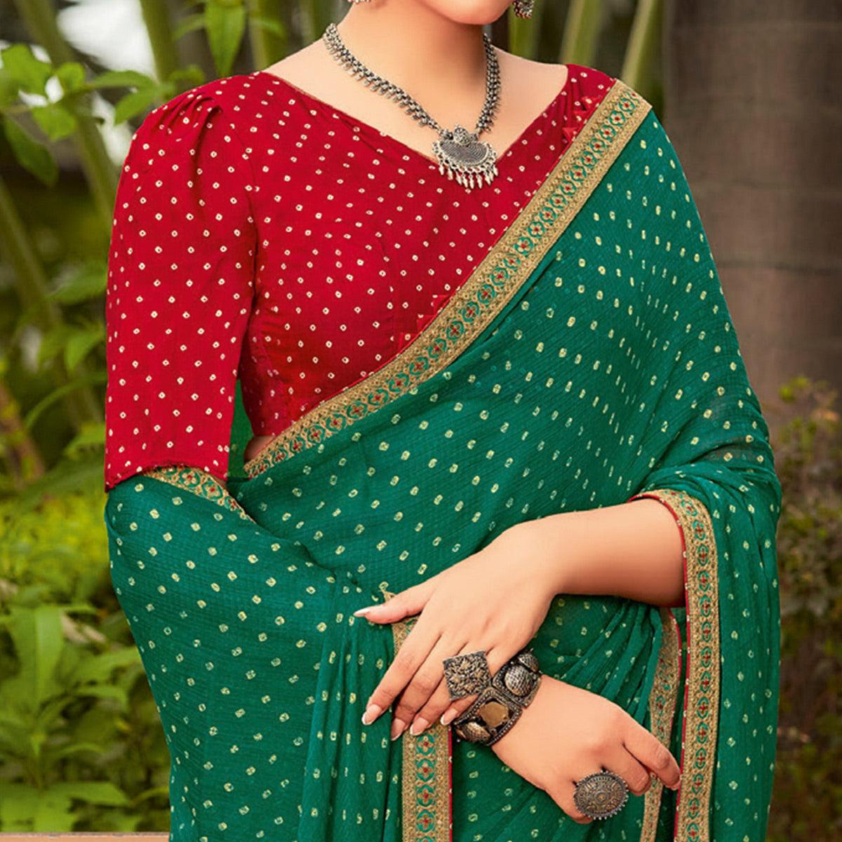 Dark Sea Green Partywear Dot Printed Chiffon Saree With Border - Peachmode