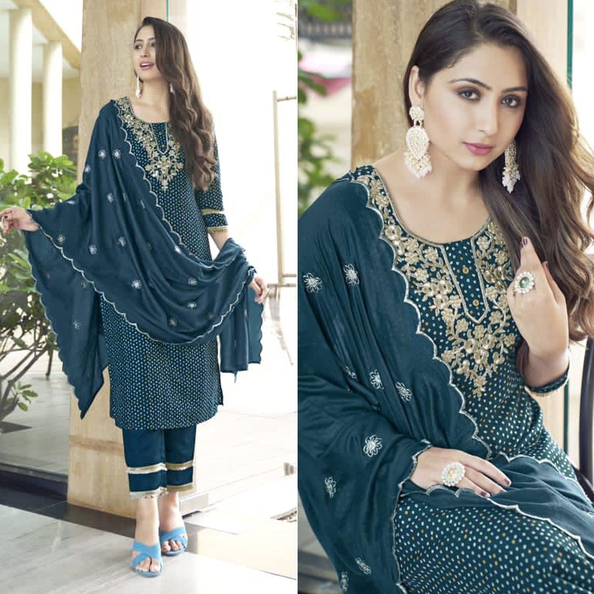 Dark Teal Blue Bandhani Printed With Gota Patti Muslin Salwar Suit - Peachmode
