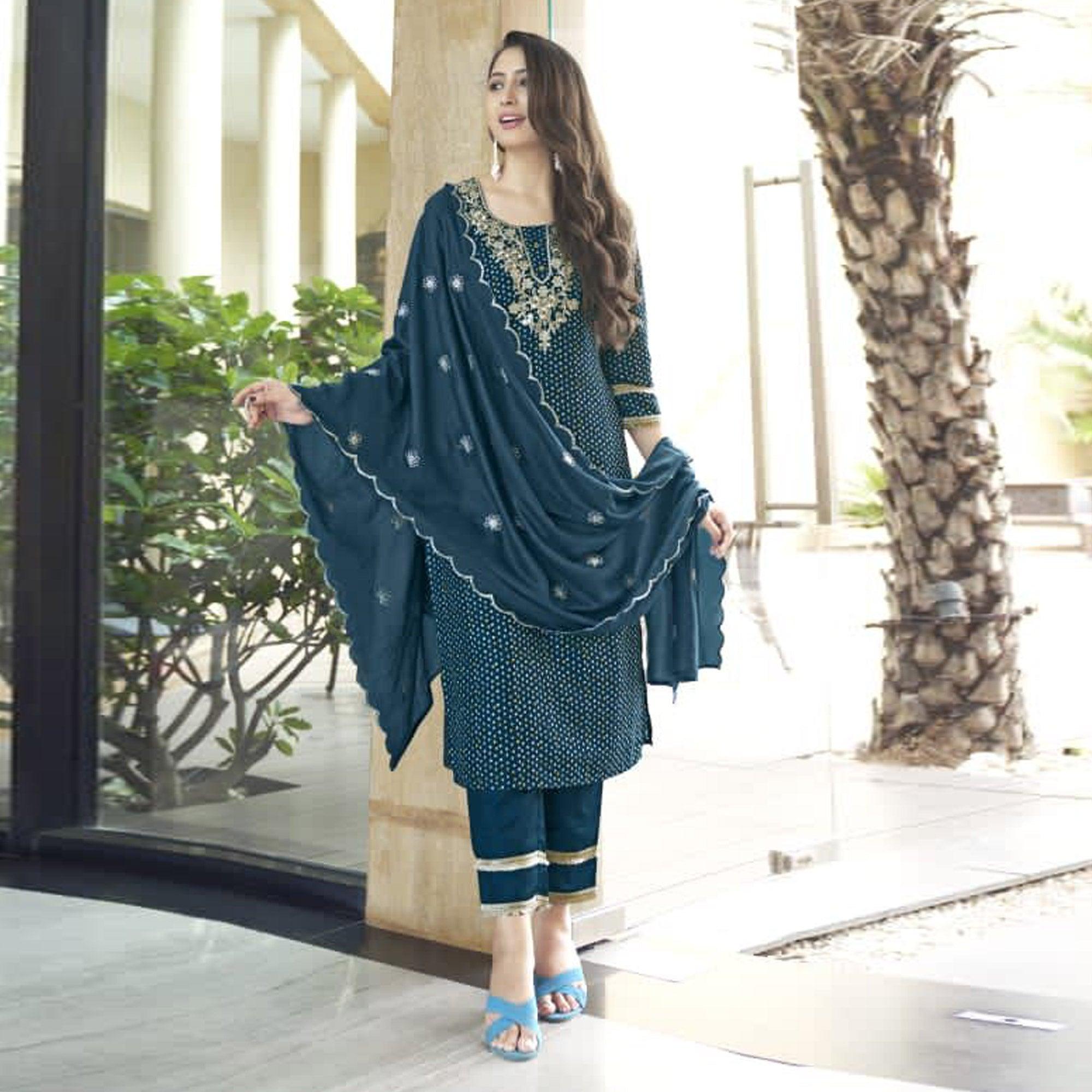 Dark Teal Blue Bandhani Printed With Gota Patti Muslin Salwar Suit - Peachmode