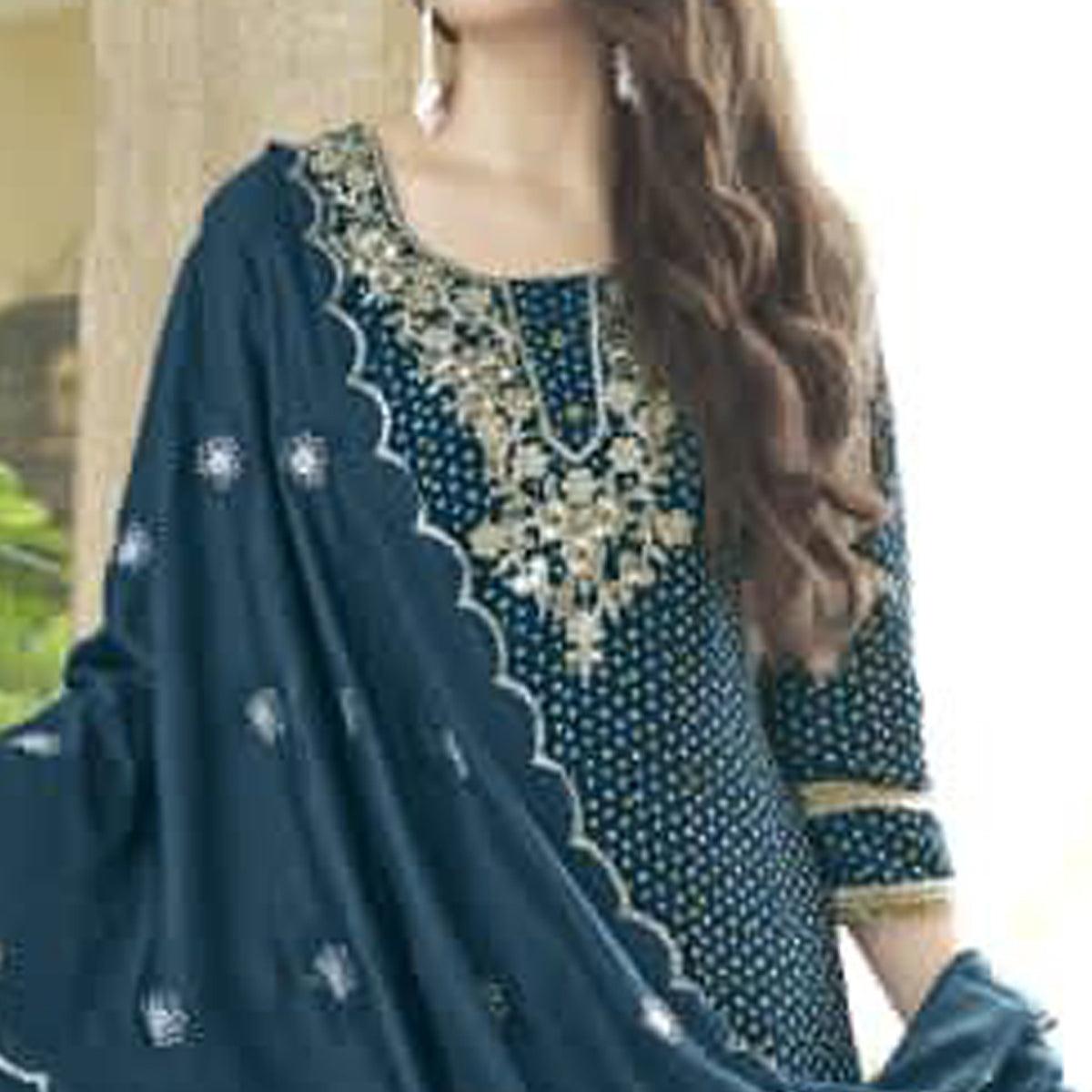 Dark Teal Blue Bandhani Printed With Gota Patti Muslin Salwar Suit - Peachmode