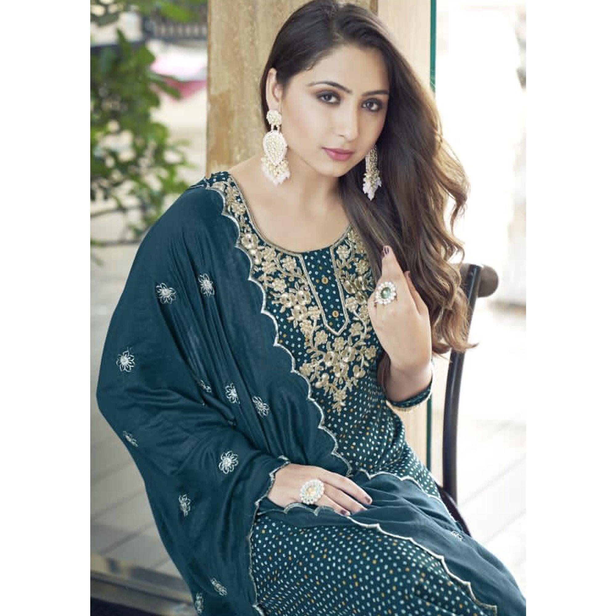 Dark Teal Blue Bandhani Printed With Gota Patti Muslin Salwar Suit - Peachmode