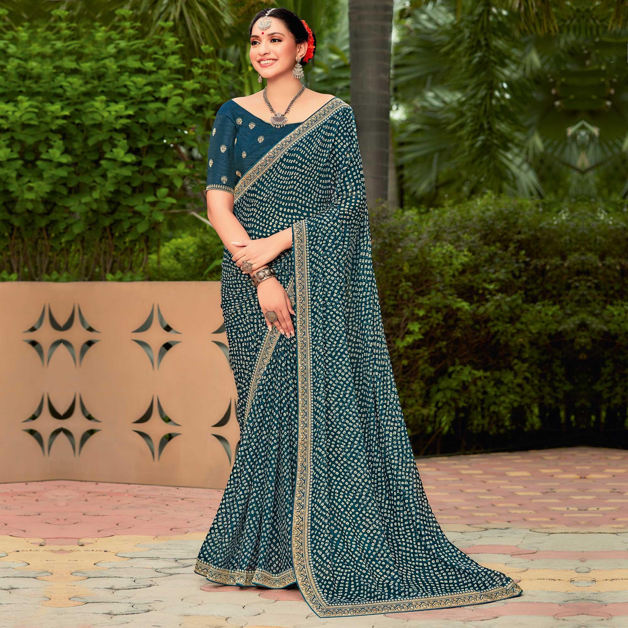 Dark Teal Blue Partywear Printed Chiffon Saree With Border - Peachmode