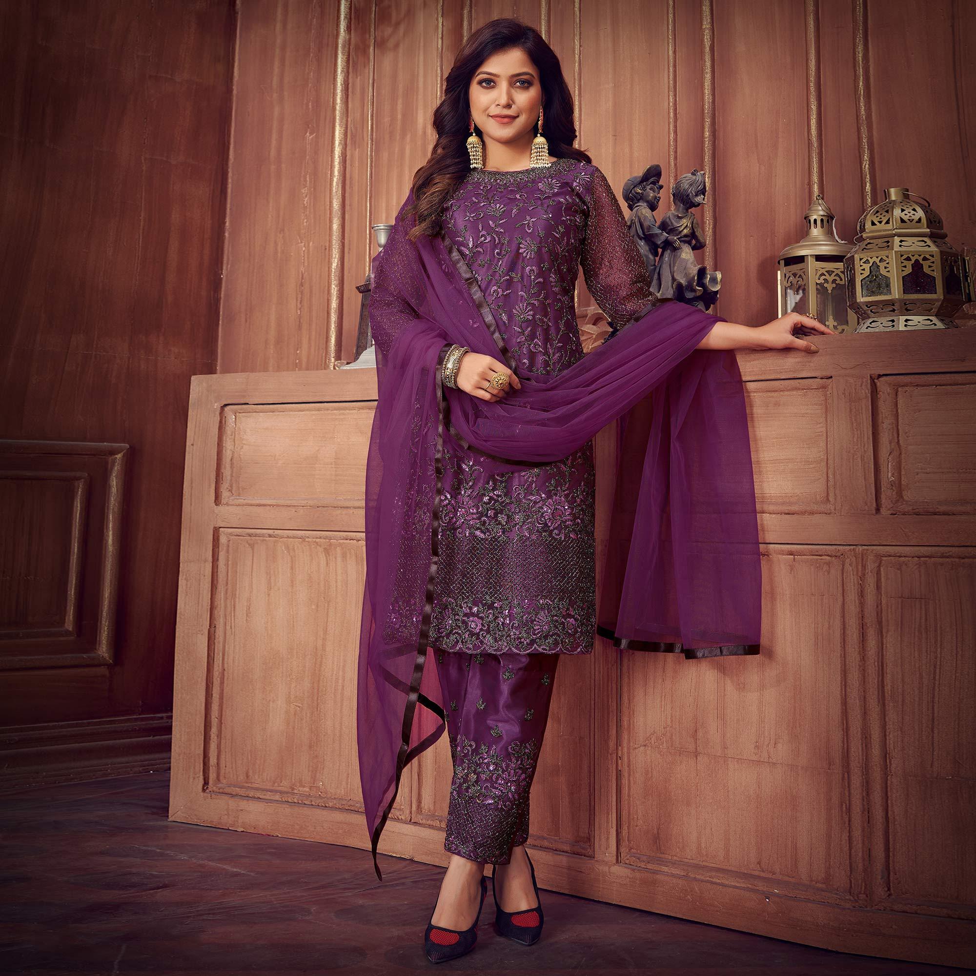 Dark Violet Floral Embroidered Net Partywear Suit - Peachmode