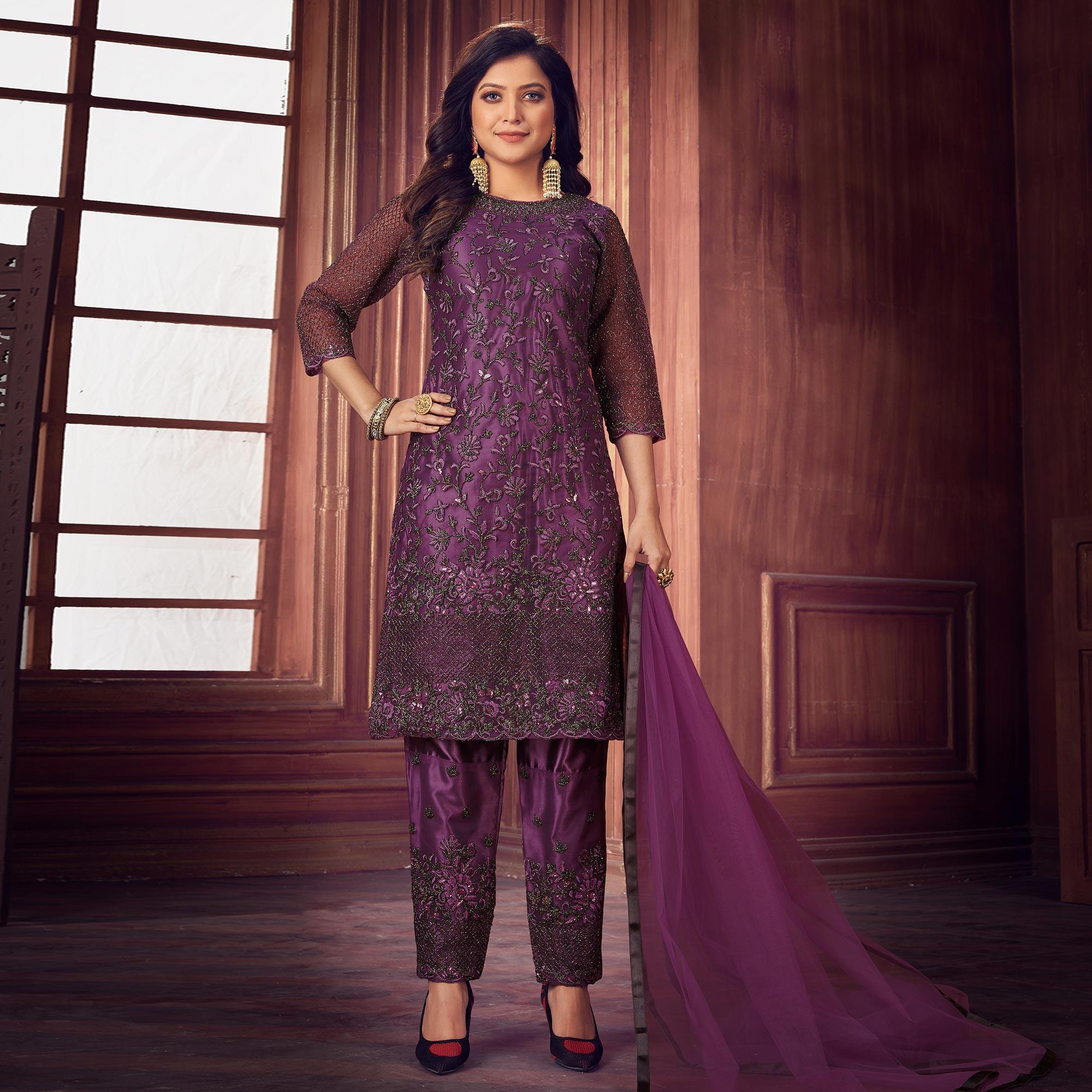 Dark Violet Floral Embroidered Net Partywear Suit - Peachmode