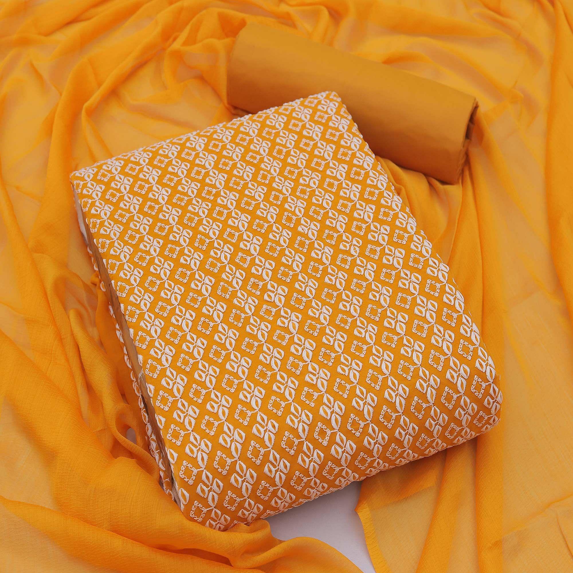 Dark Yellow Casual Wear Embroidered Georgette Dress Material - Peachmode