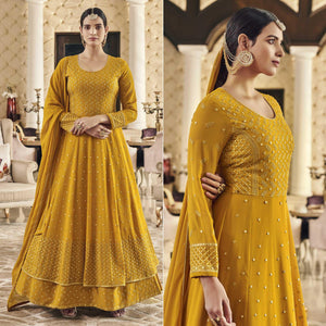 Dark Yellow Embroidered Georgette Anarkali Suit - Peachmode