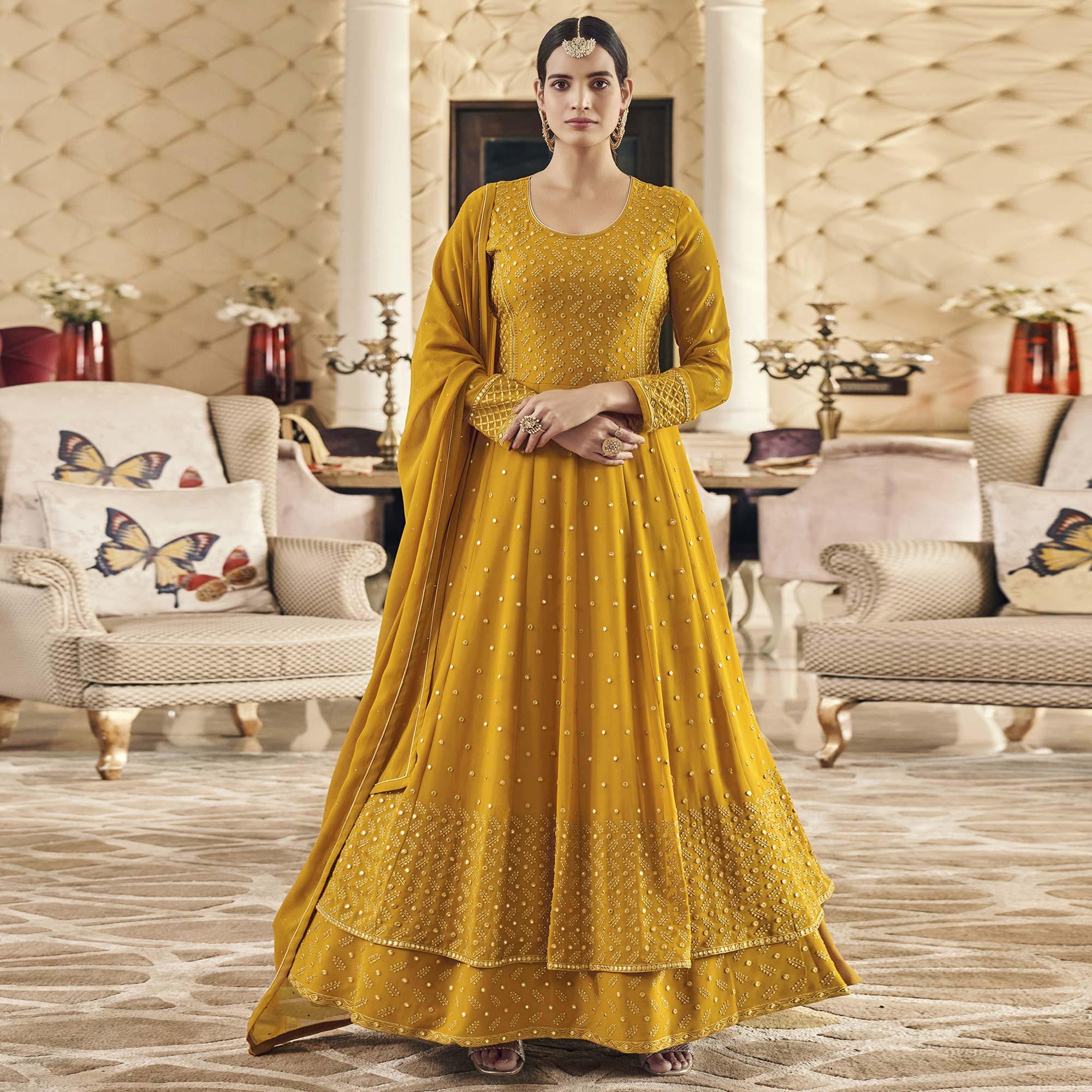 Dark Yellow Embroidered Georgette Anarkali Suit - Peachmode