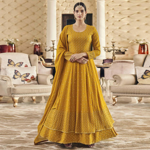 Dark Yellow Embroidered Georgette Anarkali Suit - Peachmode