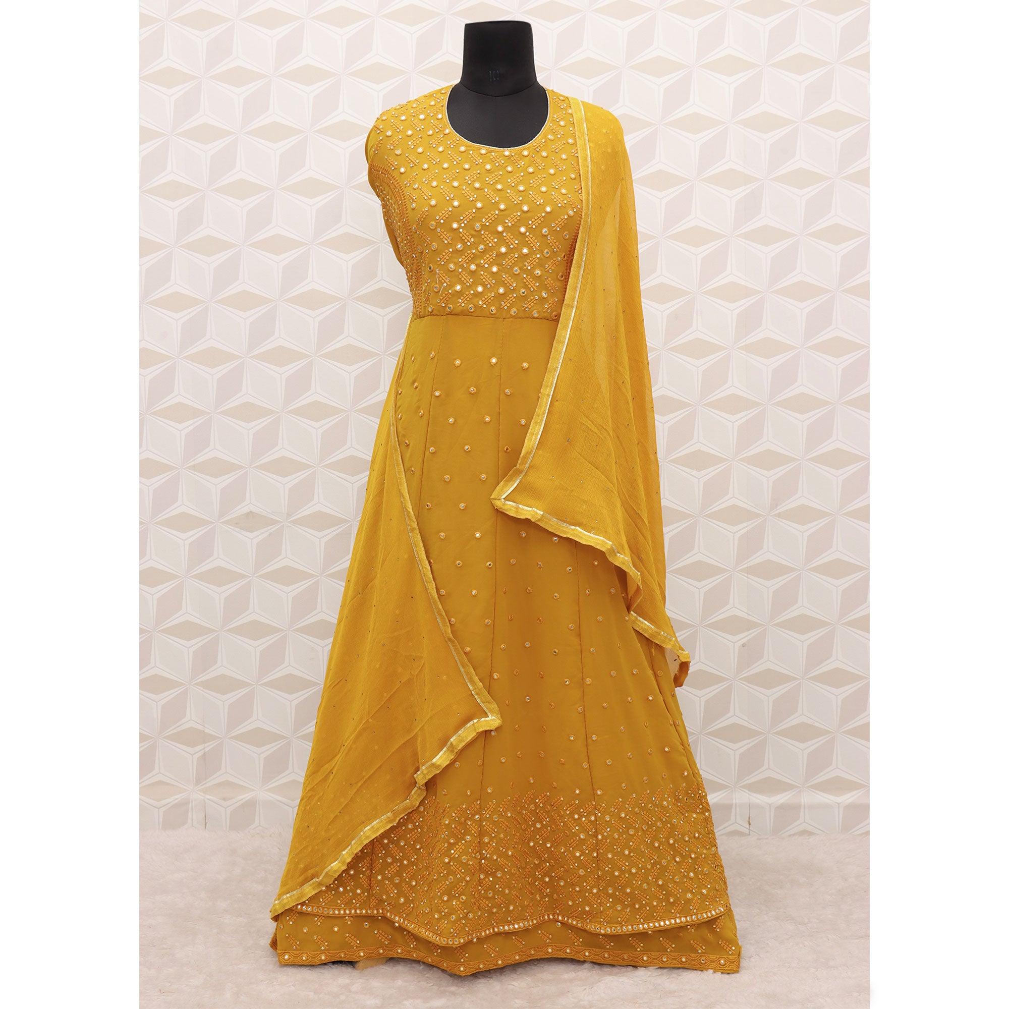 Dark Yellow Embroidered Georgette Anarkali Suit - Peachmode