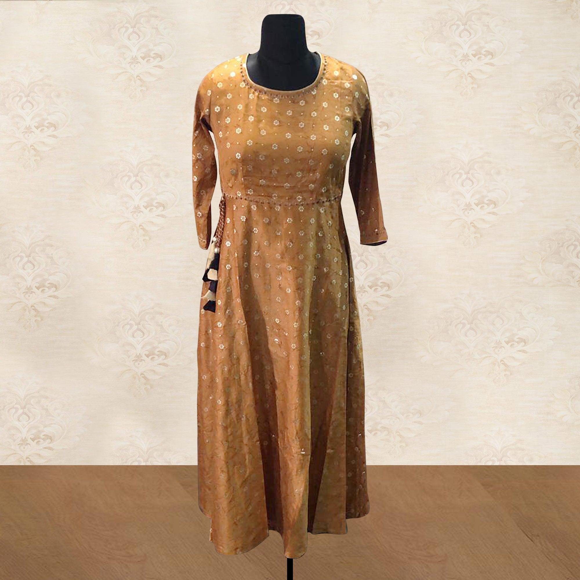 Dark Yellow Foil Printed Art Silk Kurti - Peachmode