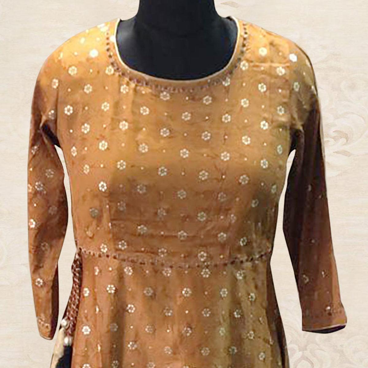 Dark Yellow Foil Printed Art Silk Kurti - Peachmode