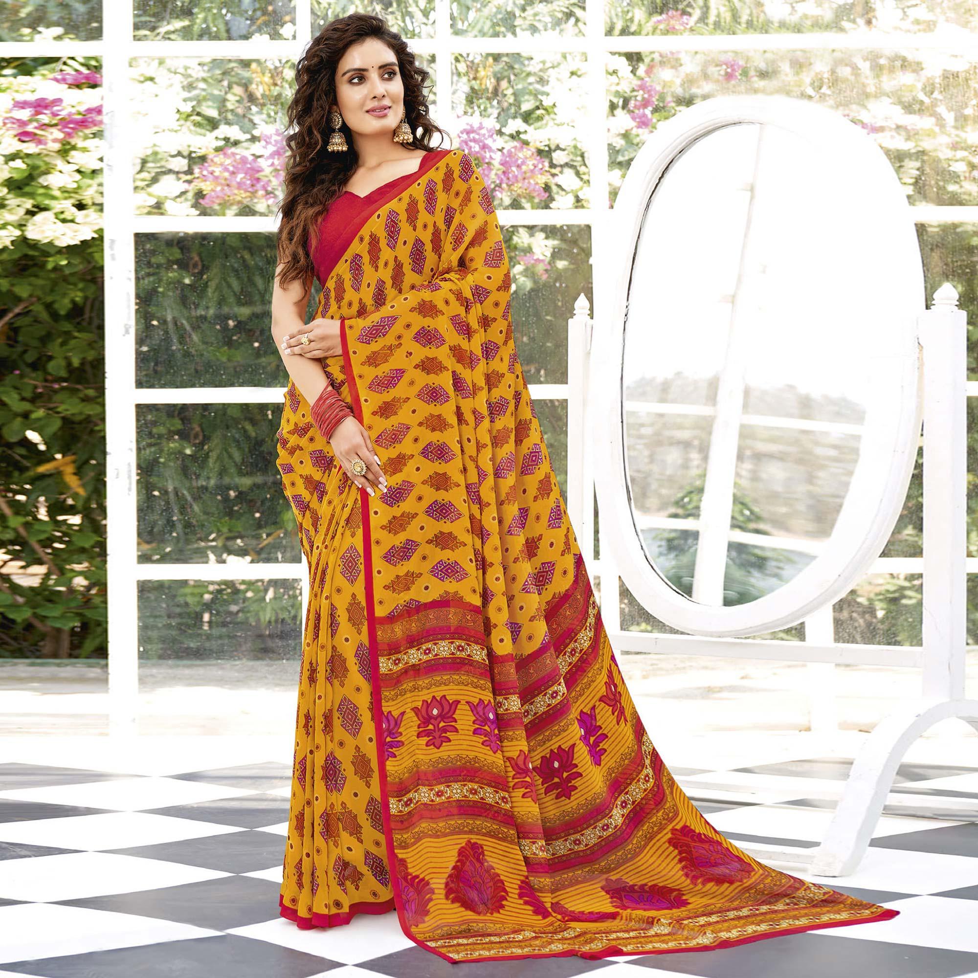 Dark Yellow Printed Georgette Saree - Peachmode