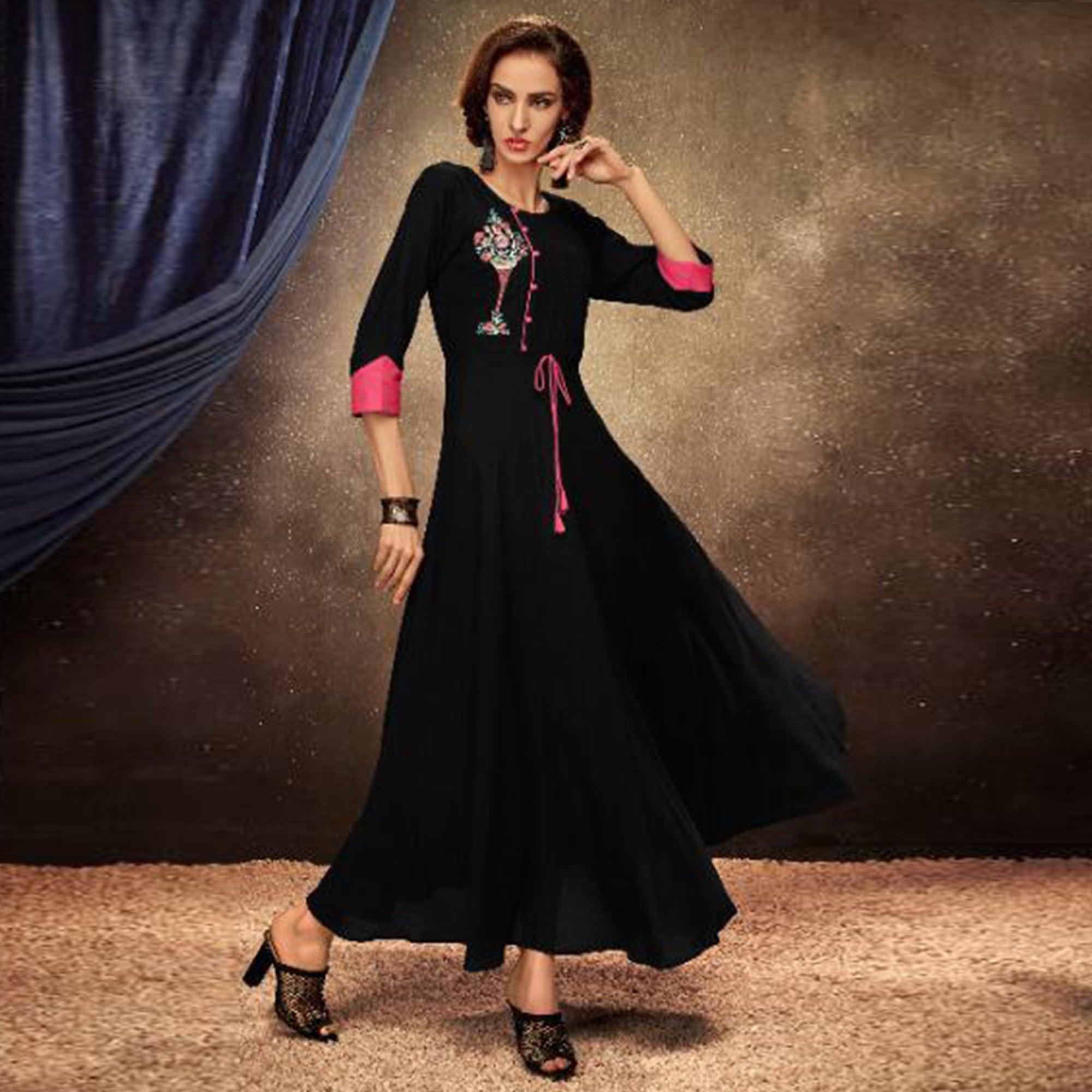 Dazzling Black Colored Partywear Embroidered Heavy Rayon Long Kurti - Peachmode