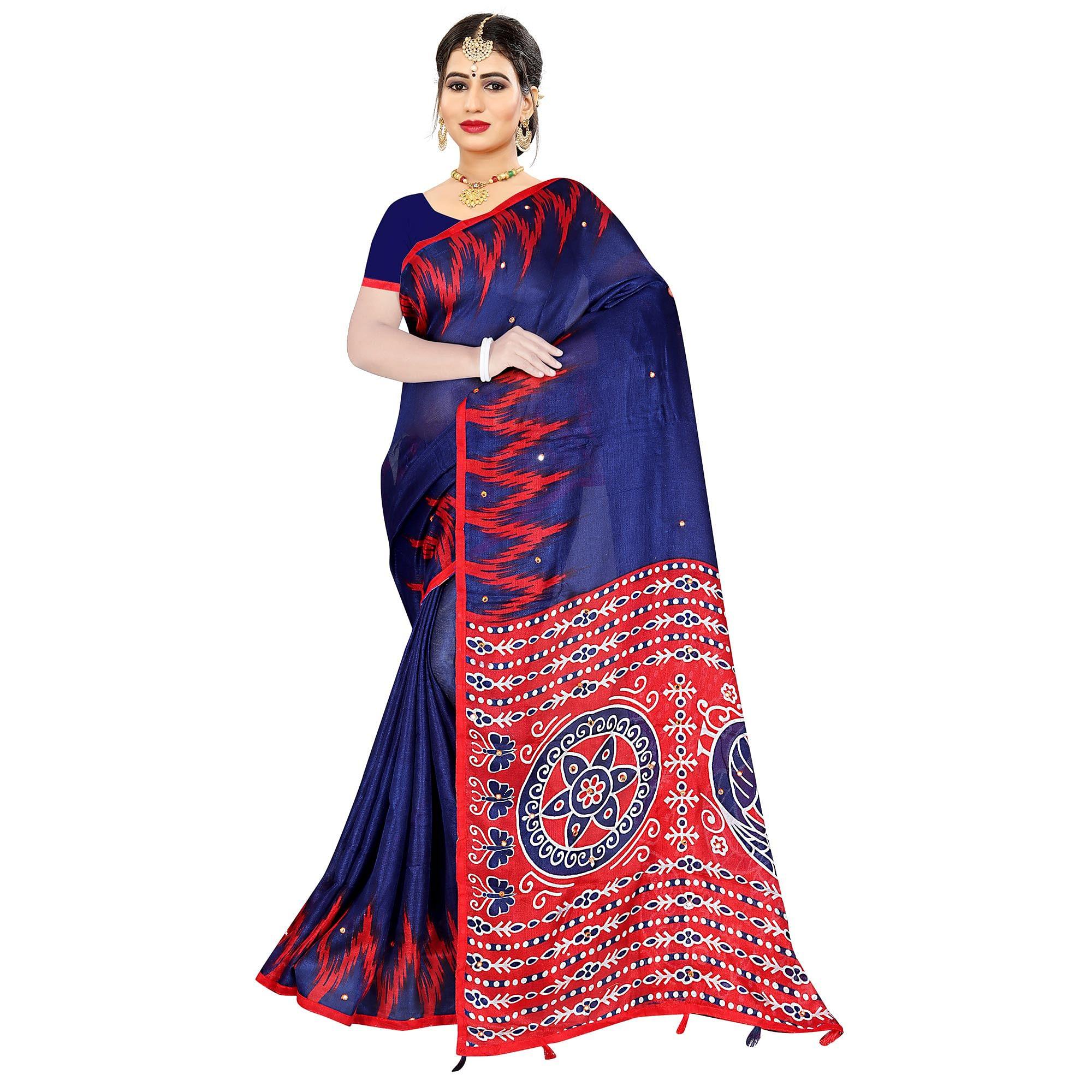 Dazzling Blue Coloured Casual Wear Printed Cotton Jute Saree - Peachmode