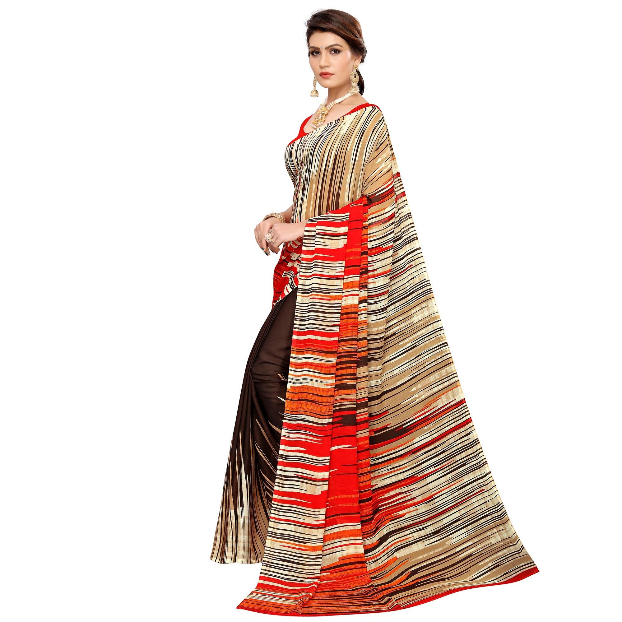 Dazzling Coffee Brown Colored Casual Wear Printed Georgette Saree - Peachmode