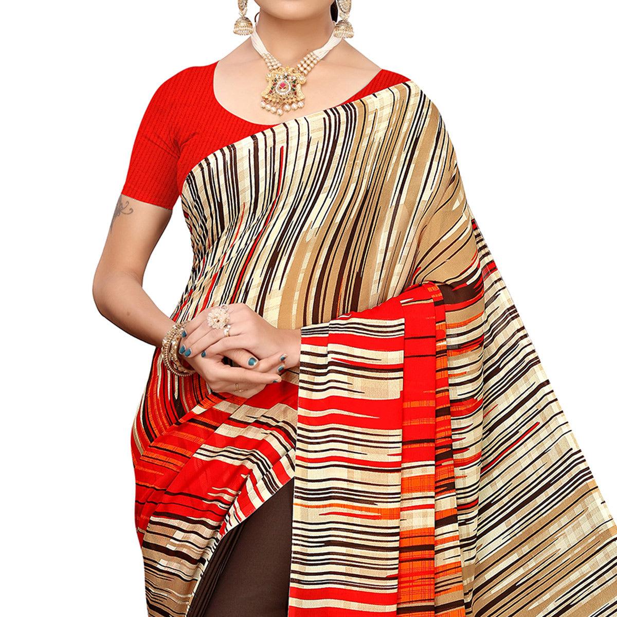 Dazzling Coffee Brown Colored Casual Wear Printed Georgette Saree - Peachmode