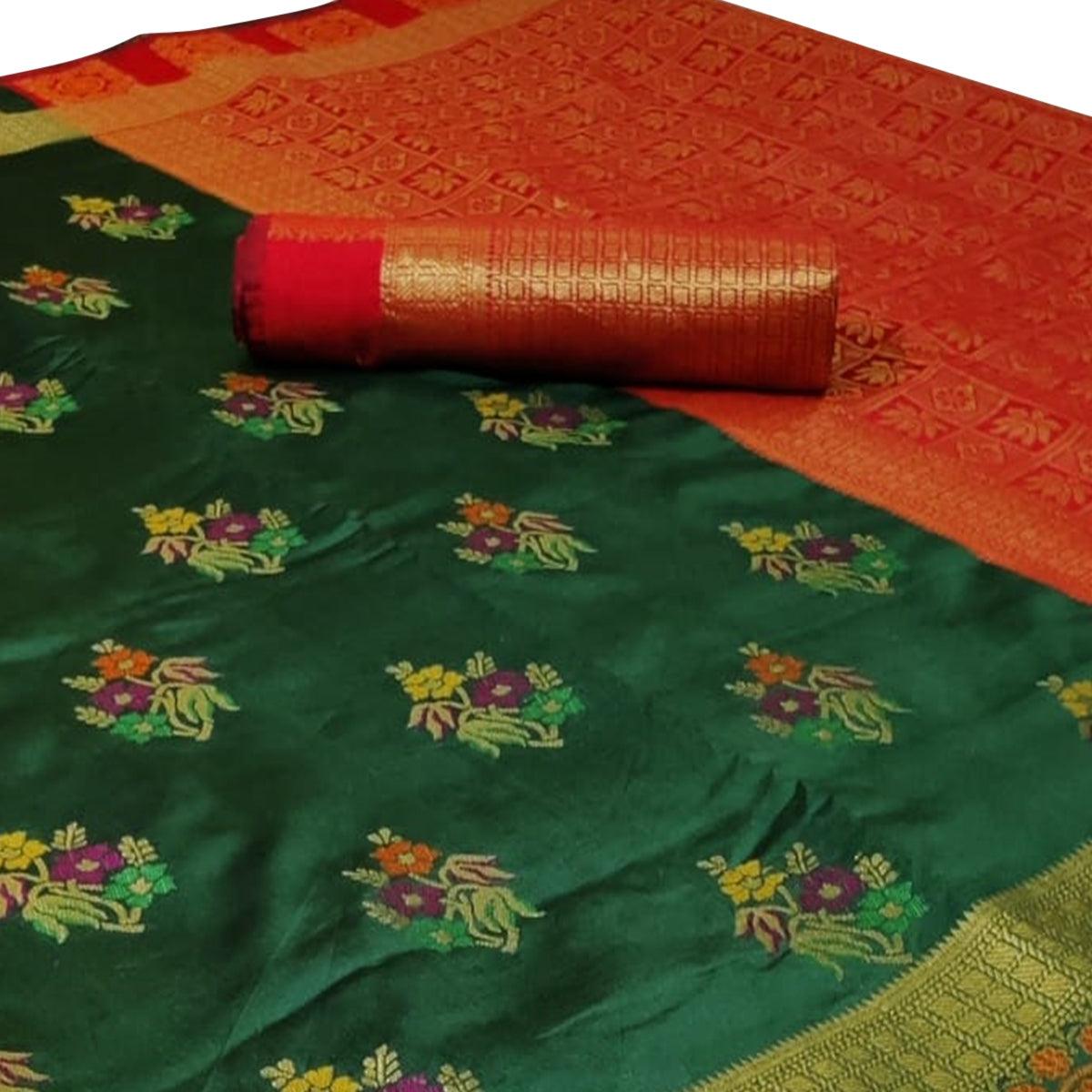 Dazzling Dark Green Colored Festive Wear Woven Silk Saree - Peachmode