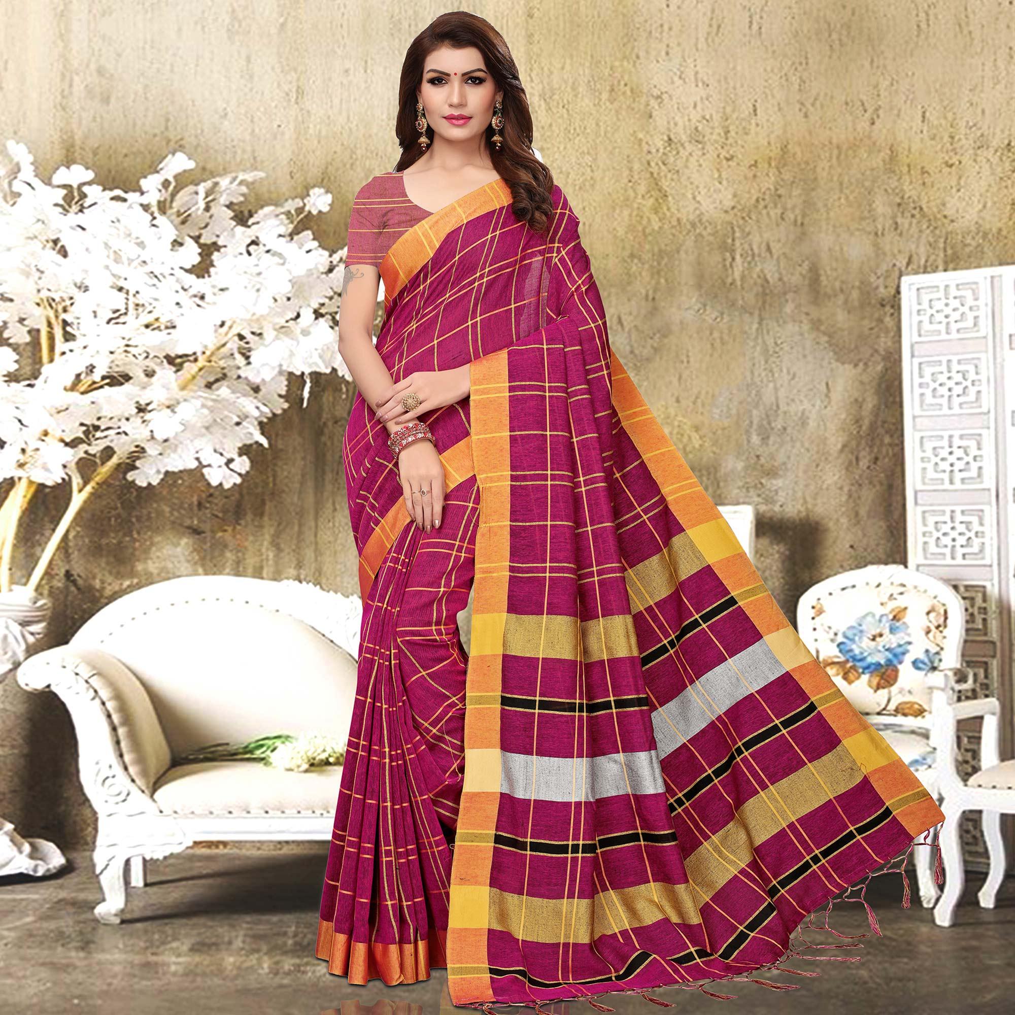 Dazzling Deep Pink Colored Festive Wear Checks Print Pure Linen Saree - Peachmode