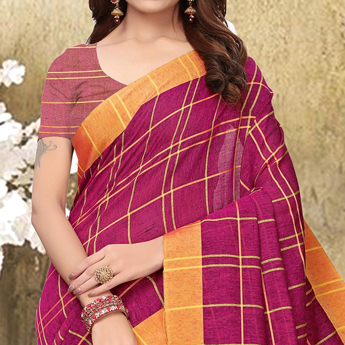 Dazzling Deep Pink Colored Festive Wear Checks Print Pure Linen Saree - Peachmode