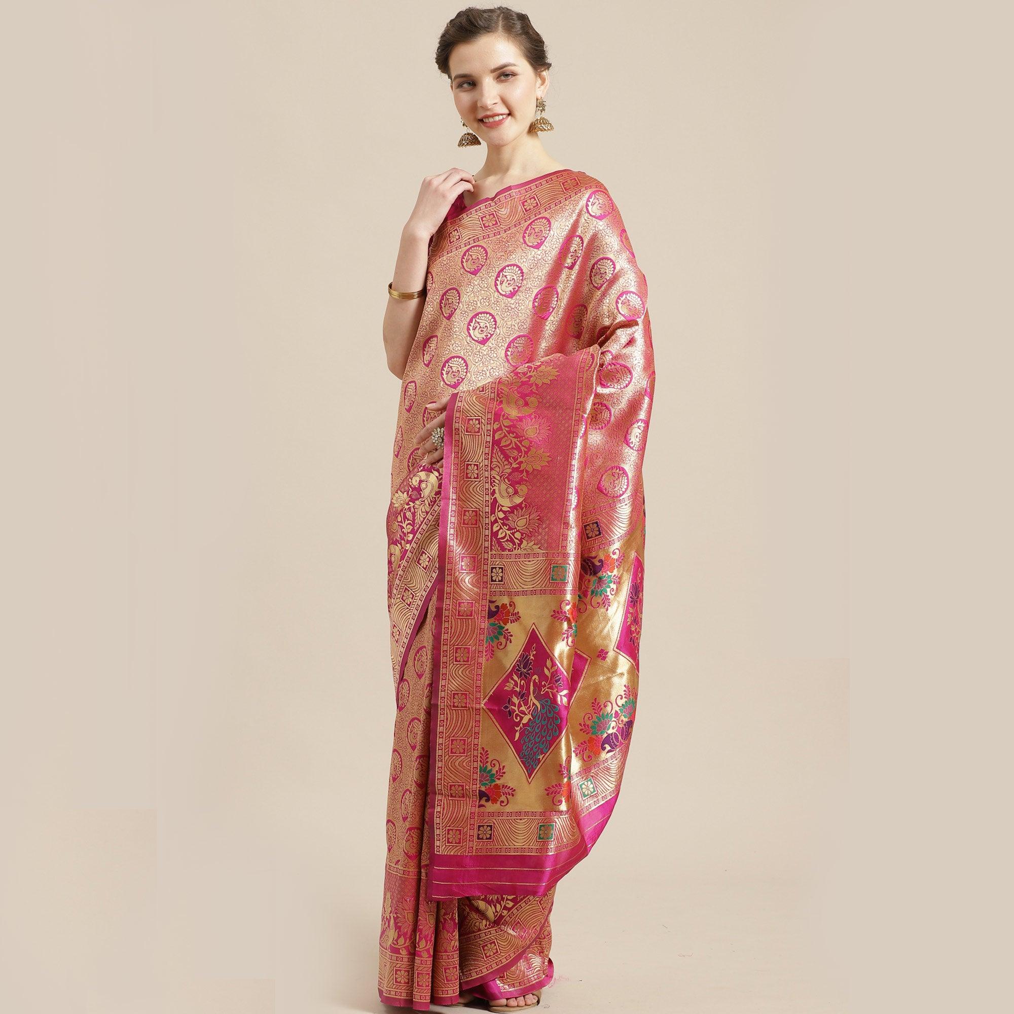 Dazzling Gold-Pink Colored Festive Wear Woven Silk Blend Saree - Peachmode