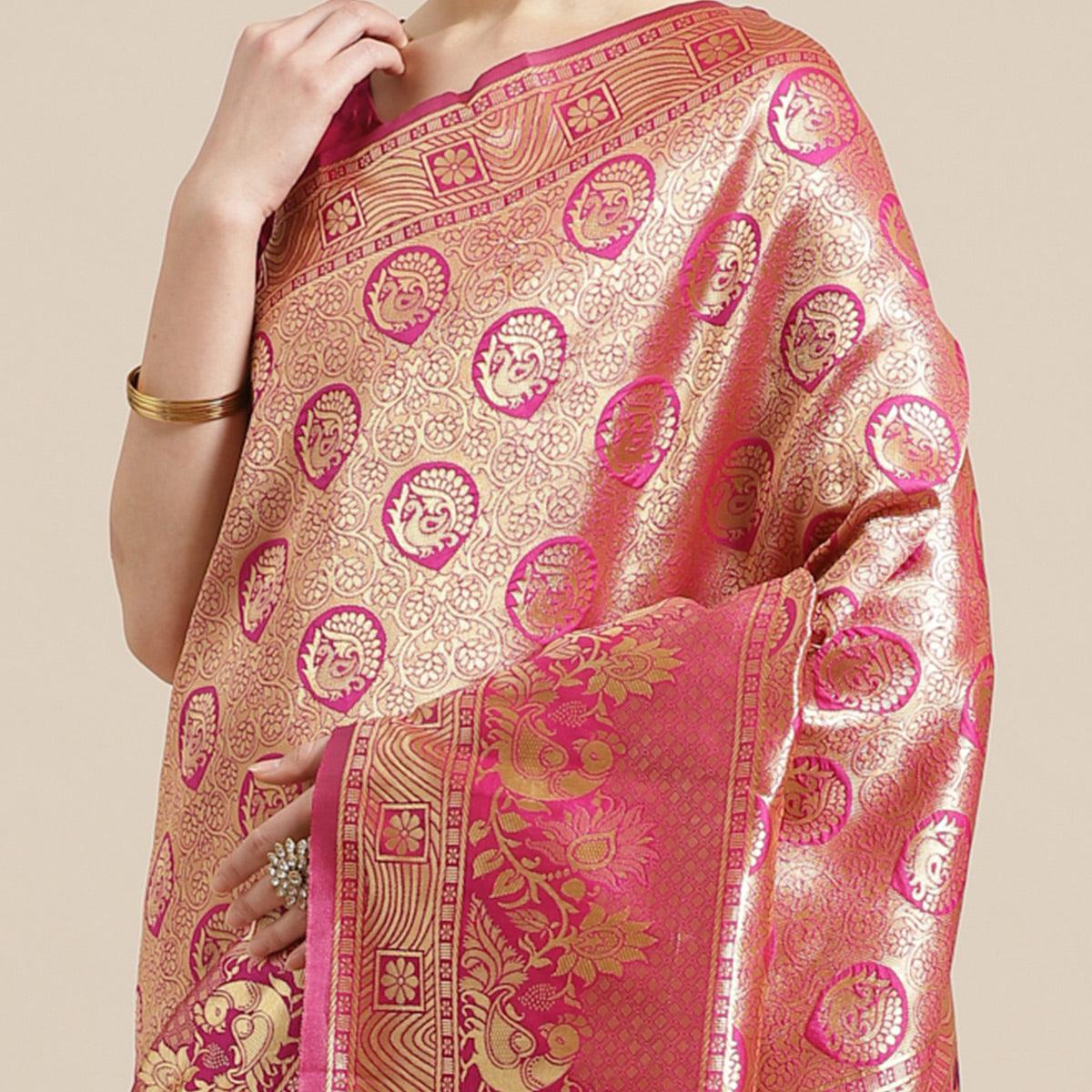 Dazzling Gold-Pink Colored Festive Wear Woven Silk Blend Saree - Peachmode