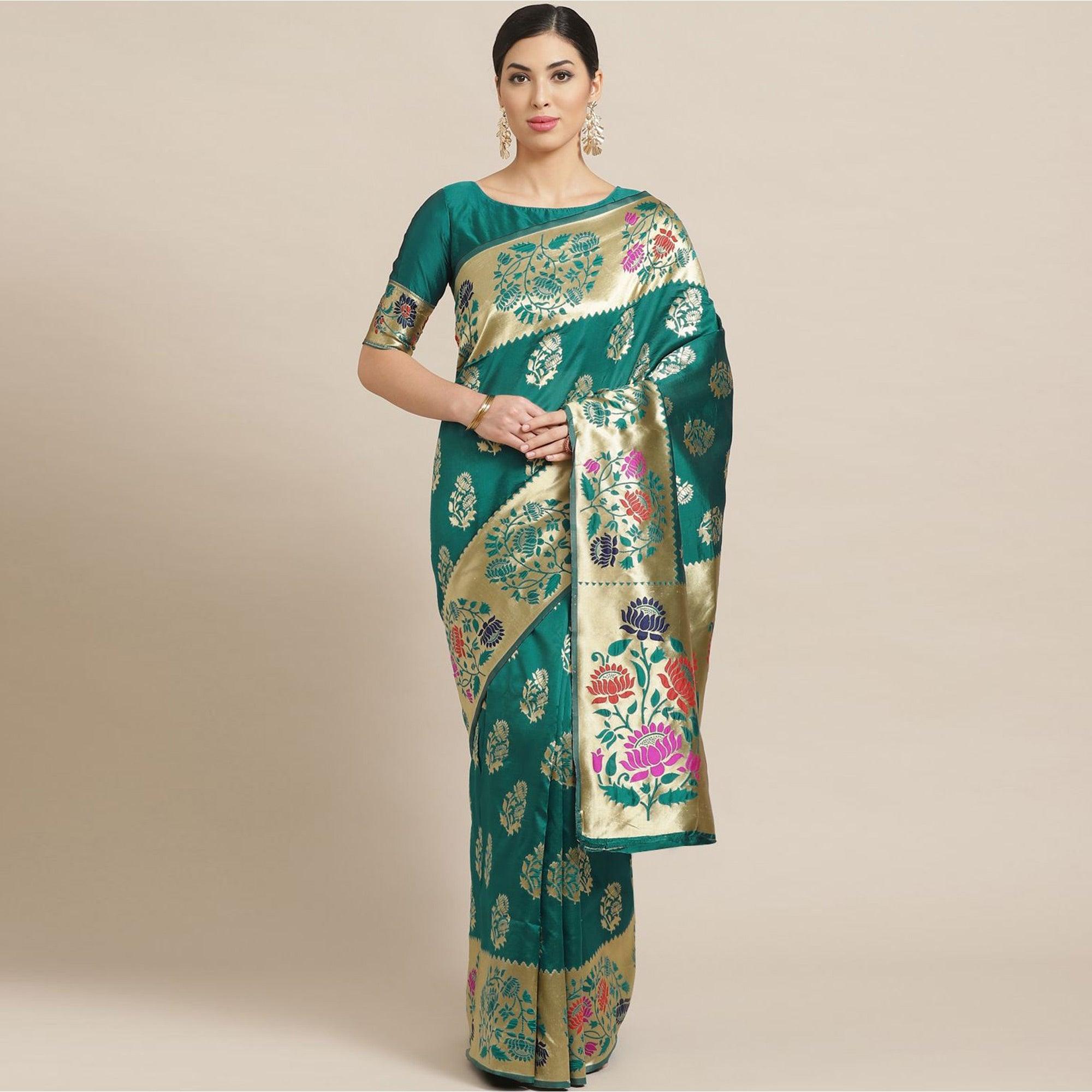 Dazzling Green Colored Festive Wear Woven Silk Blend Saree - Peachmode