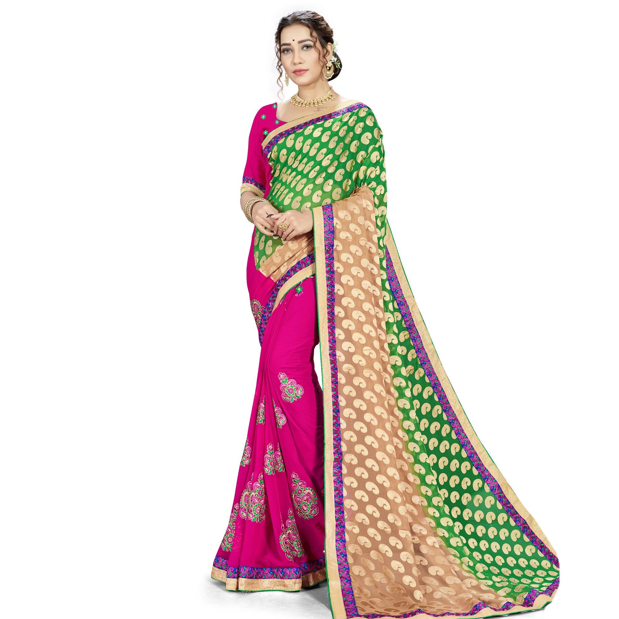 Dazzling Green-Pink Colored party Wear Embroidered Georgette Half-Half Saree - Peachmode