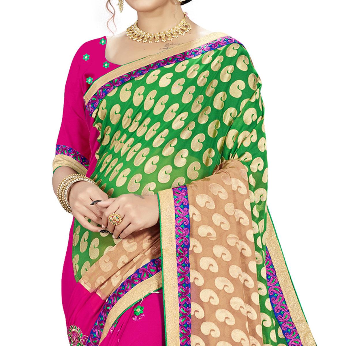 Dazzling Green-Pink Colored party Wear Embroidered Georgette Half-Half Saree - Peachmode