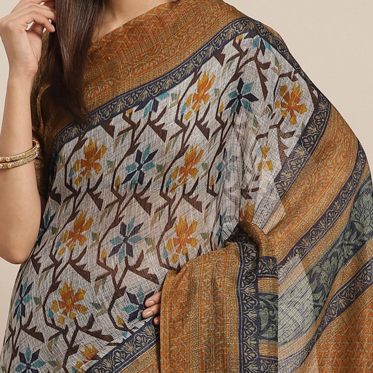 Dazzling Grey - Mustard Colored Casual Wear Printed Silk blend Saree - Peachmode