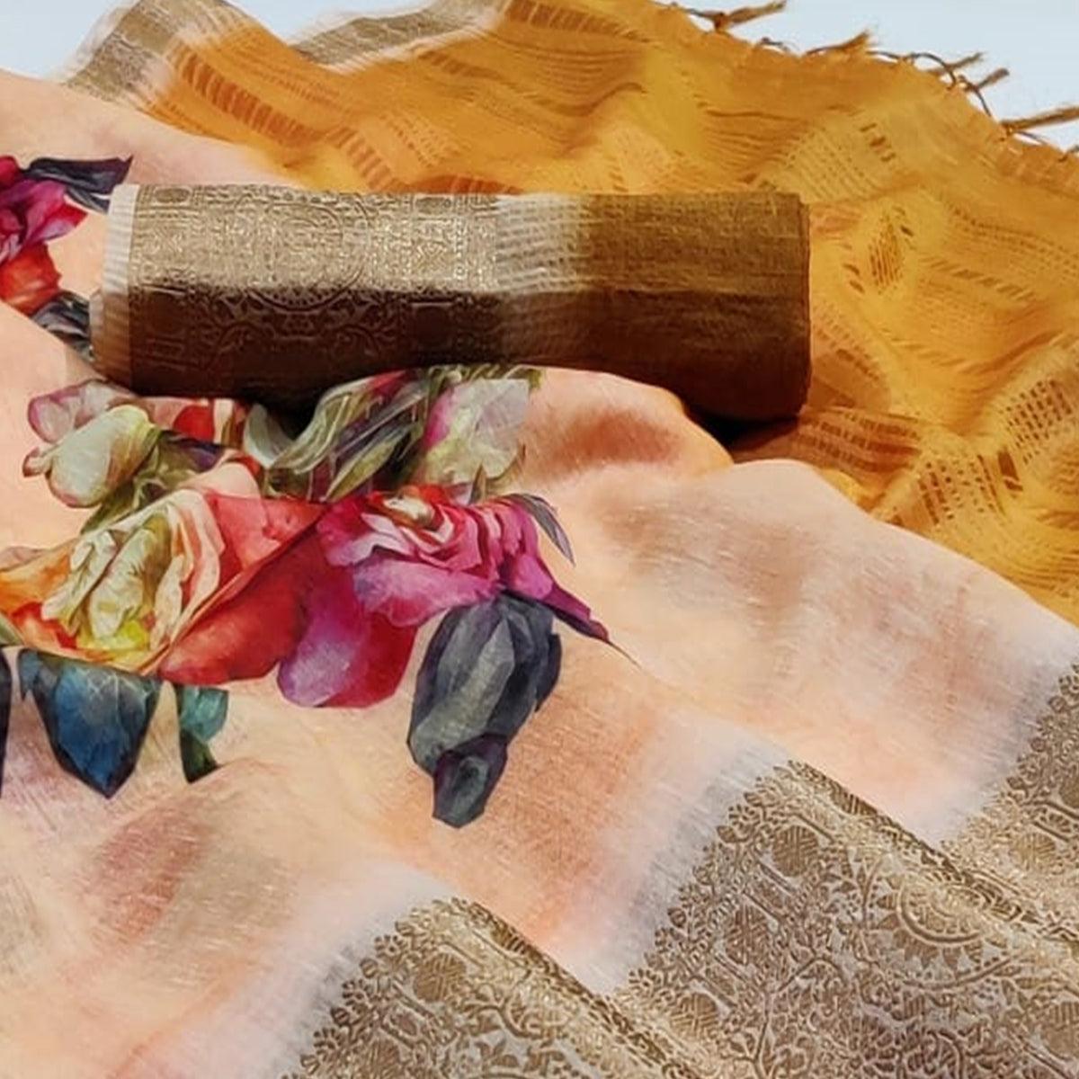 Dazzling Light Peach Colored Festive Wear Woven Banarasi Silk Saree - Peachmode