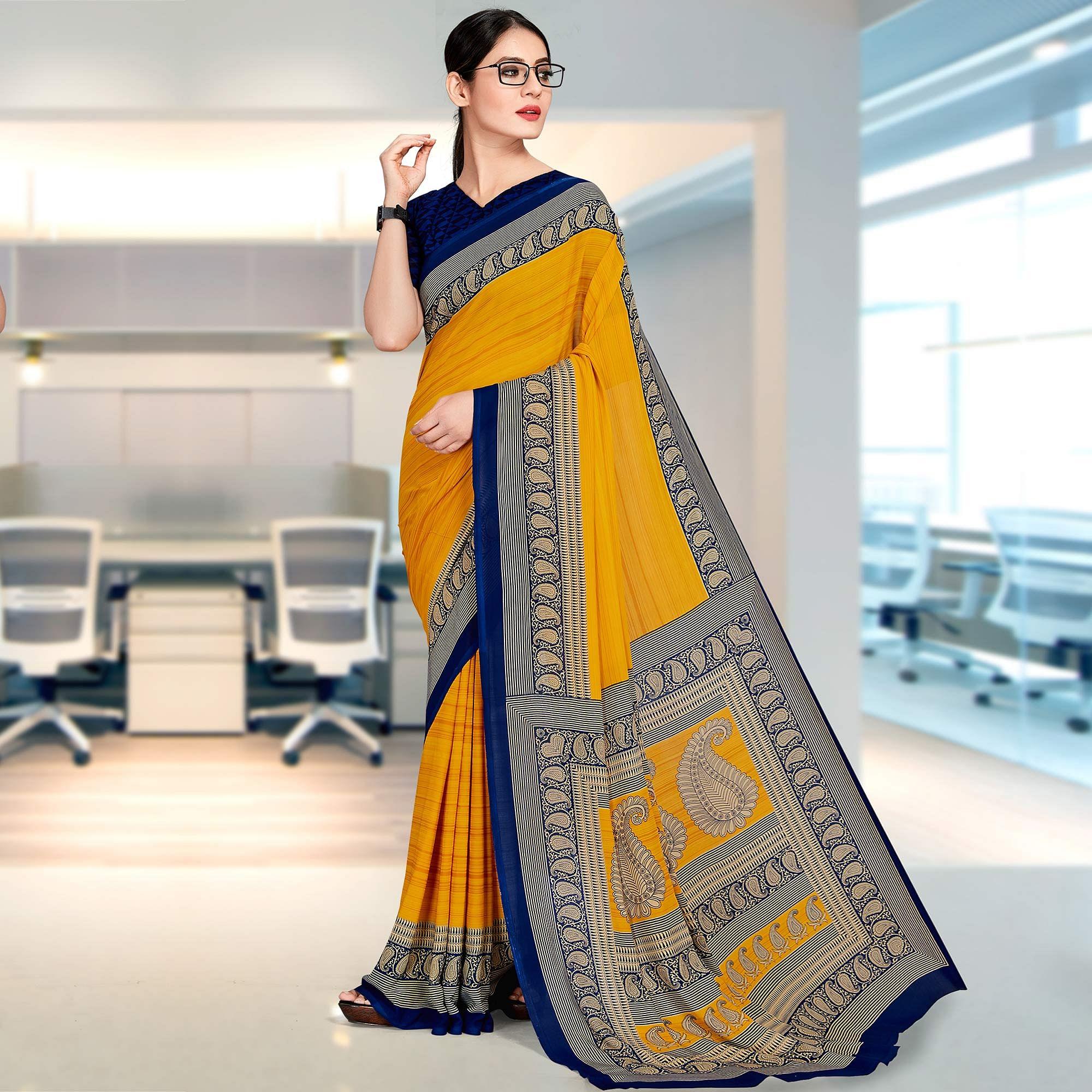 Dazzling Mustard Coloured Casual Wear Printed Georgette Saree - Peachmode