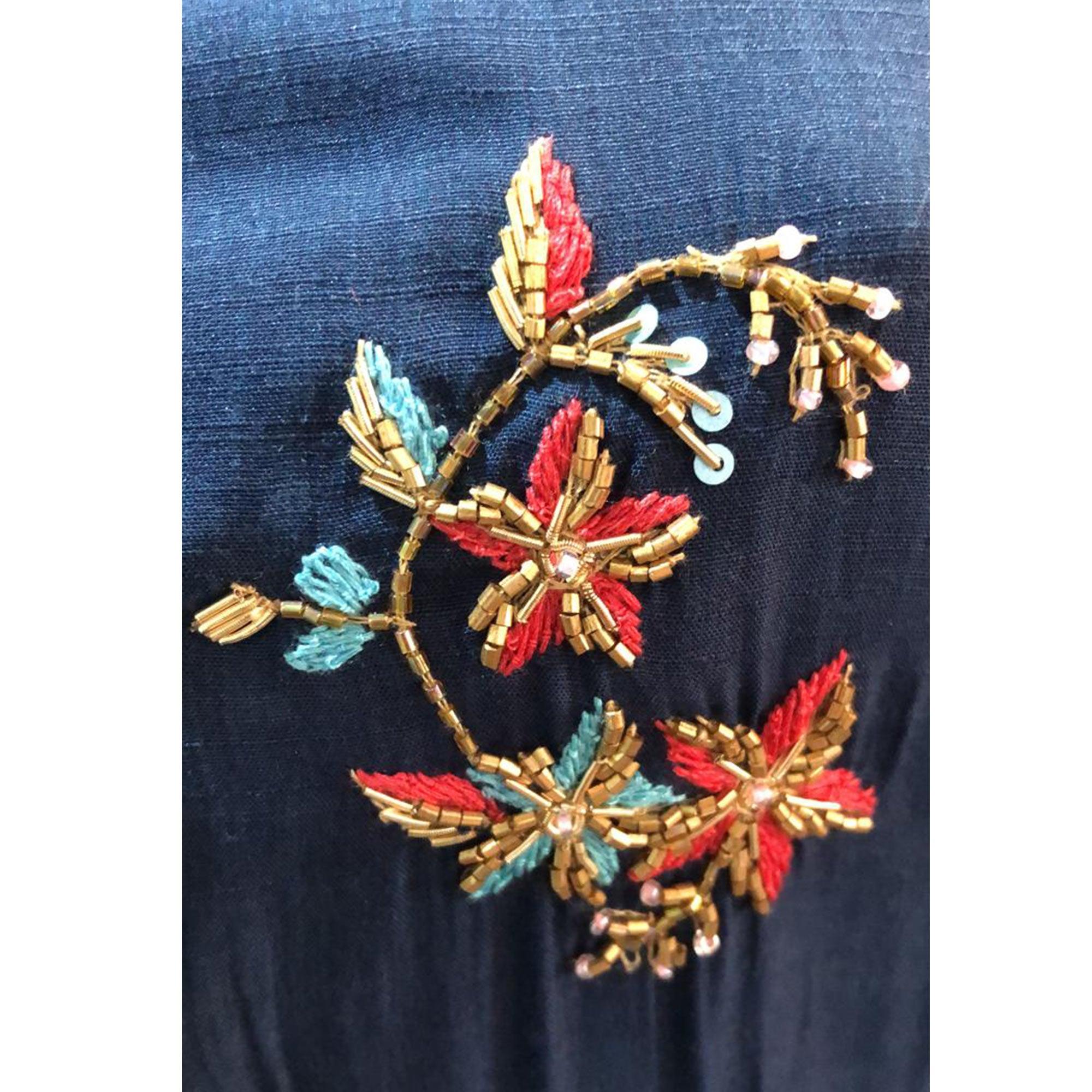 Dazzling Navy Blue Colored Partywear Handwork Cotton Kurti-Pant Set - Peachmode