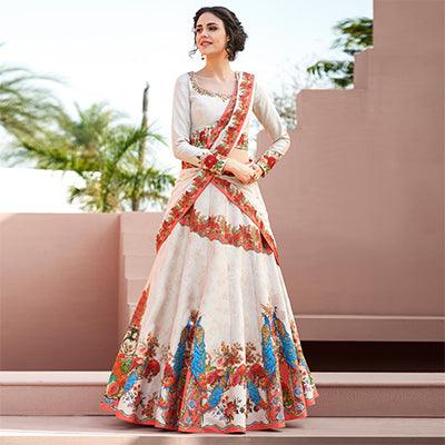 Dazzling Off-White Colored Designer Partywear Embroidered Silk Lehenga Choli - Peachmode