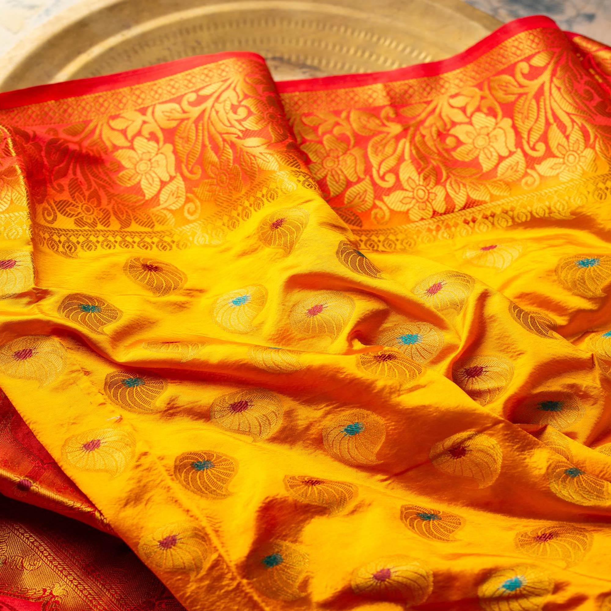 Dazzling Orange Colored Festive Wear Woven Art Silk Saree - Peachmode