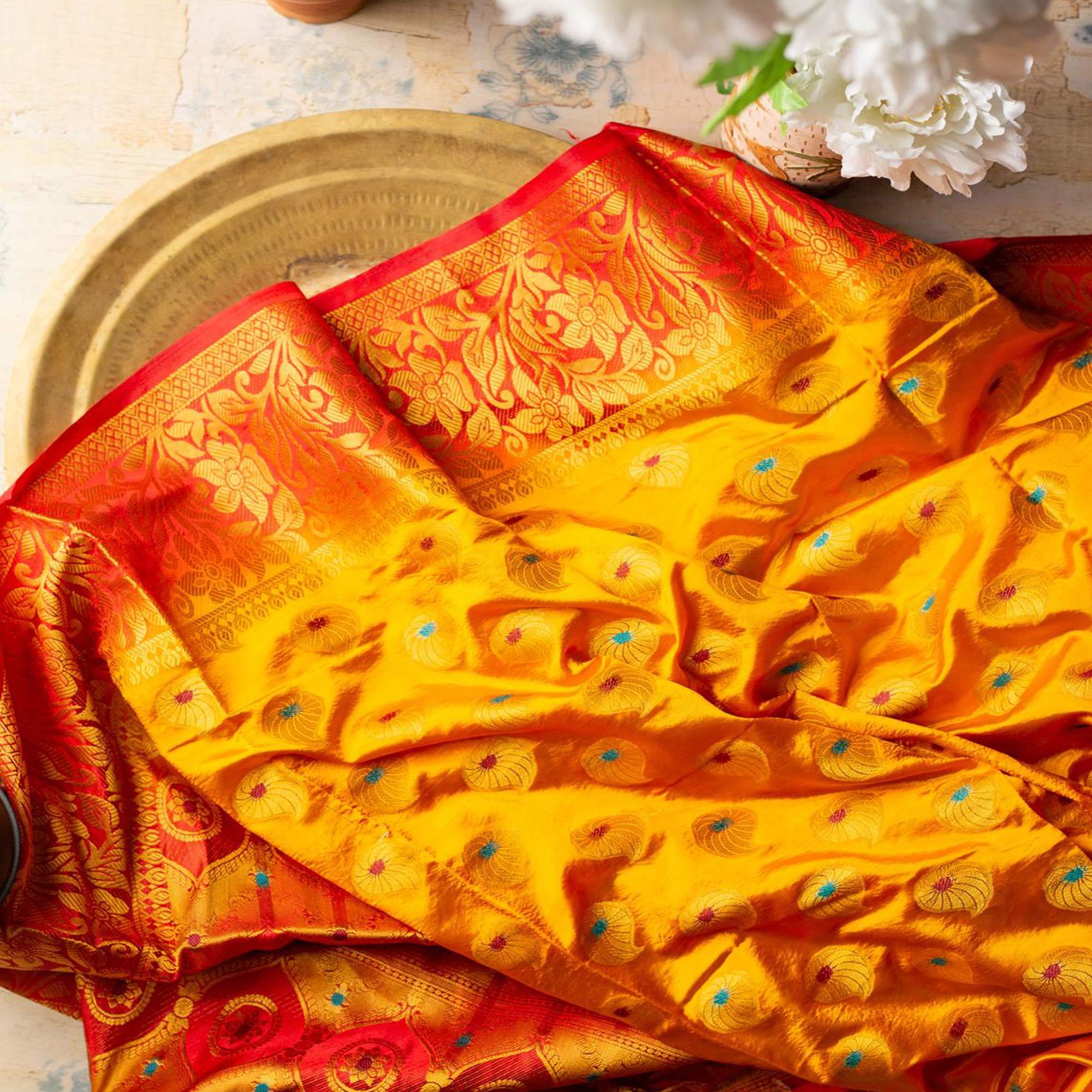Dazzling Orange Colored Festive Wear Woven Art Silk Saree - Peachmode
