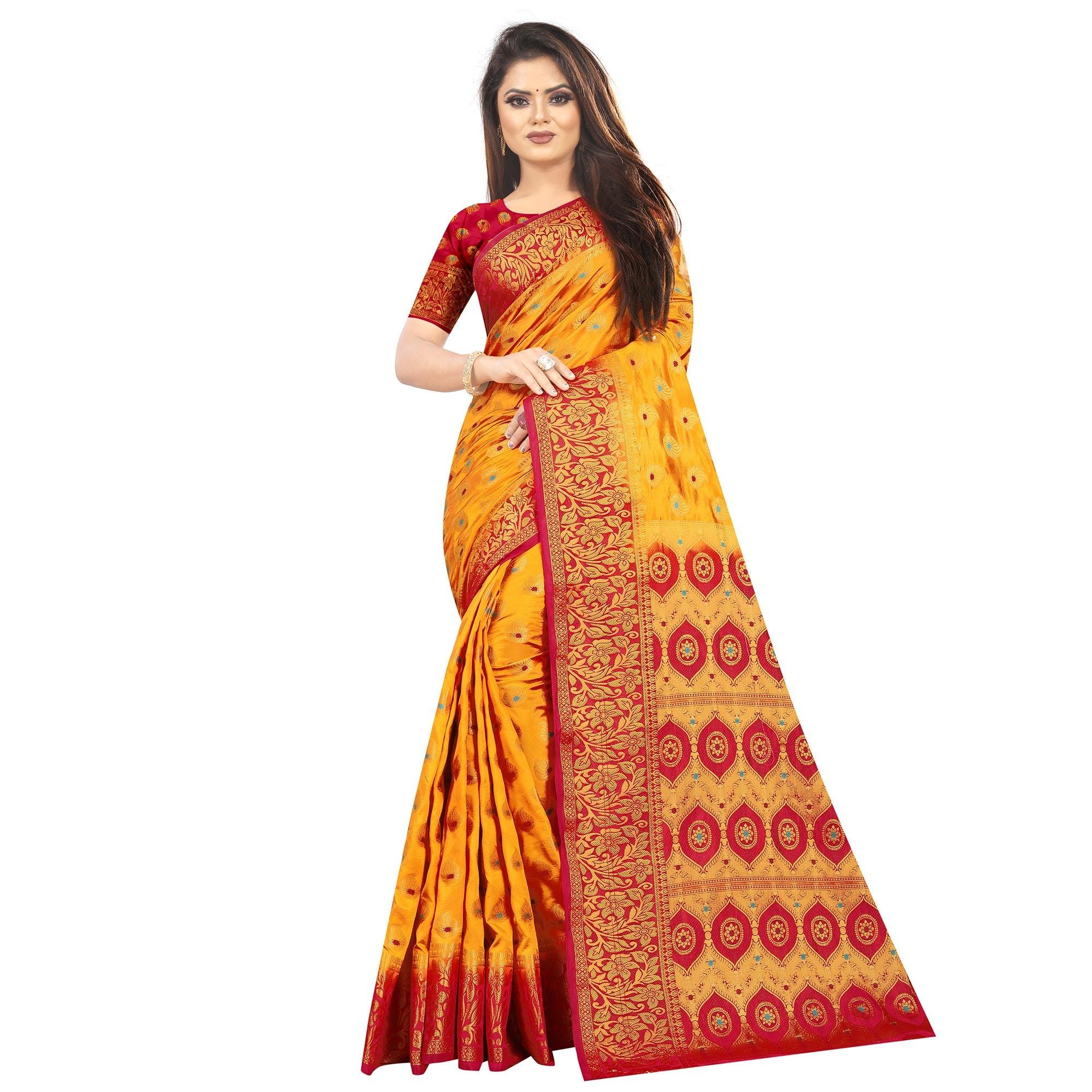 Dazzling Orange Colored Festive Wear Woven Art Silk Saree - Peachmode
