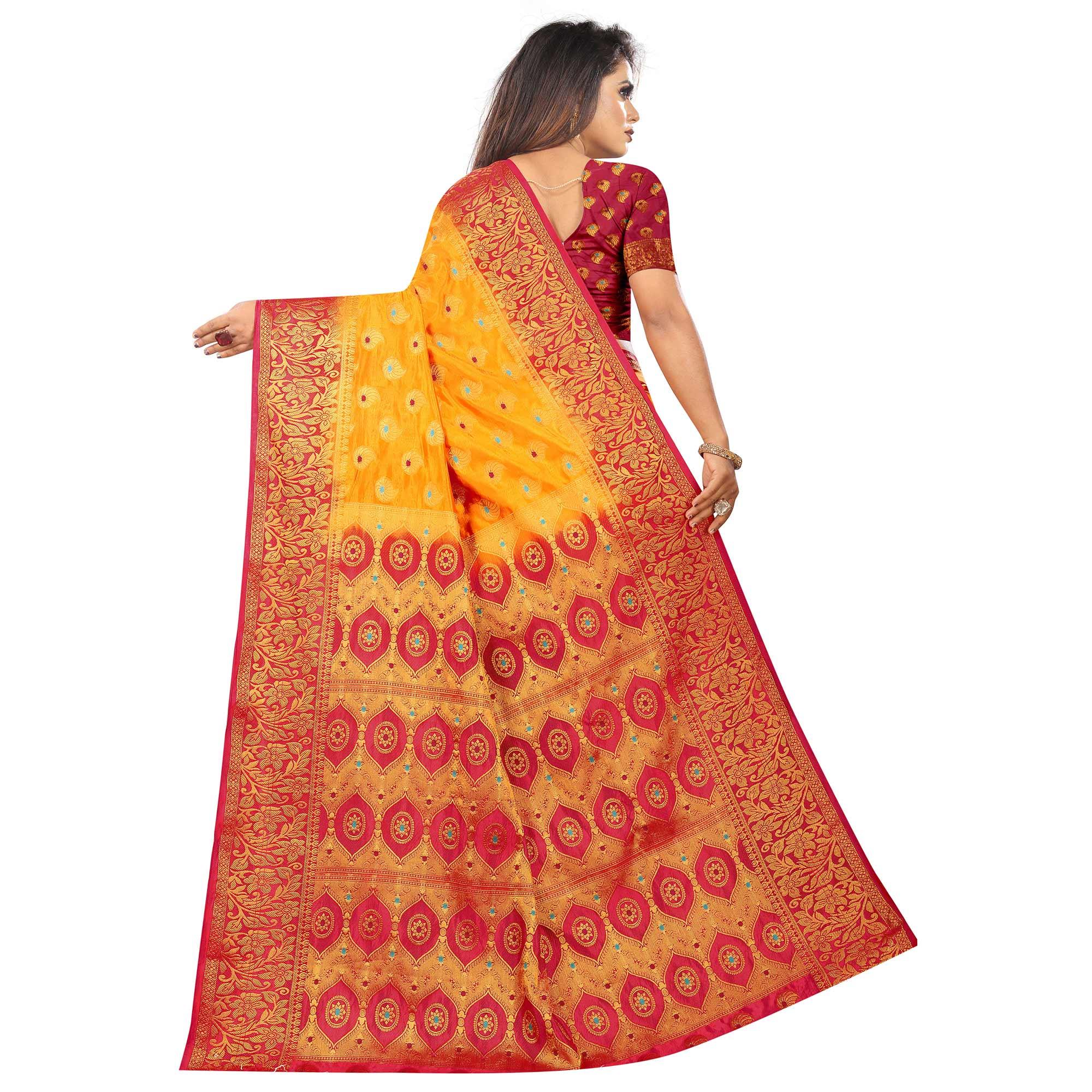 Dazzling Orange Colored Festive Wear Woven Art Silk Saree - Peachmode
