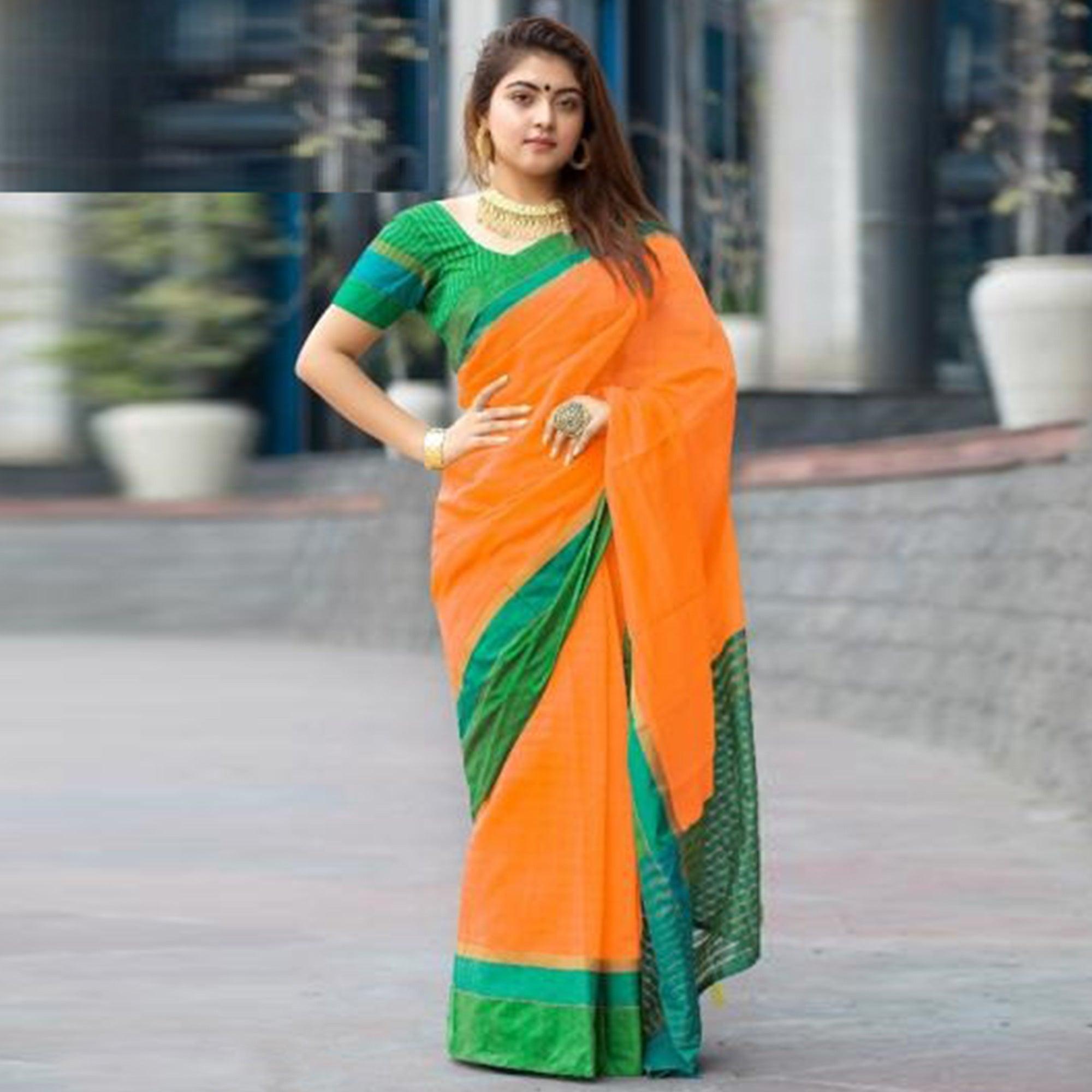 Dazzling Orange Colored Festive Wear Woven Cotton Saree - Peachmode