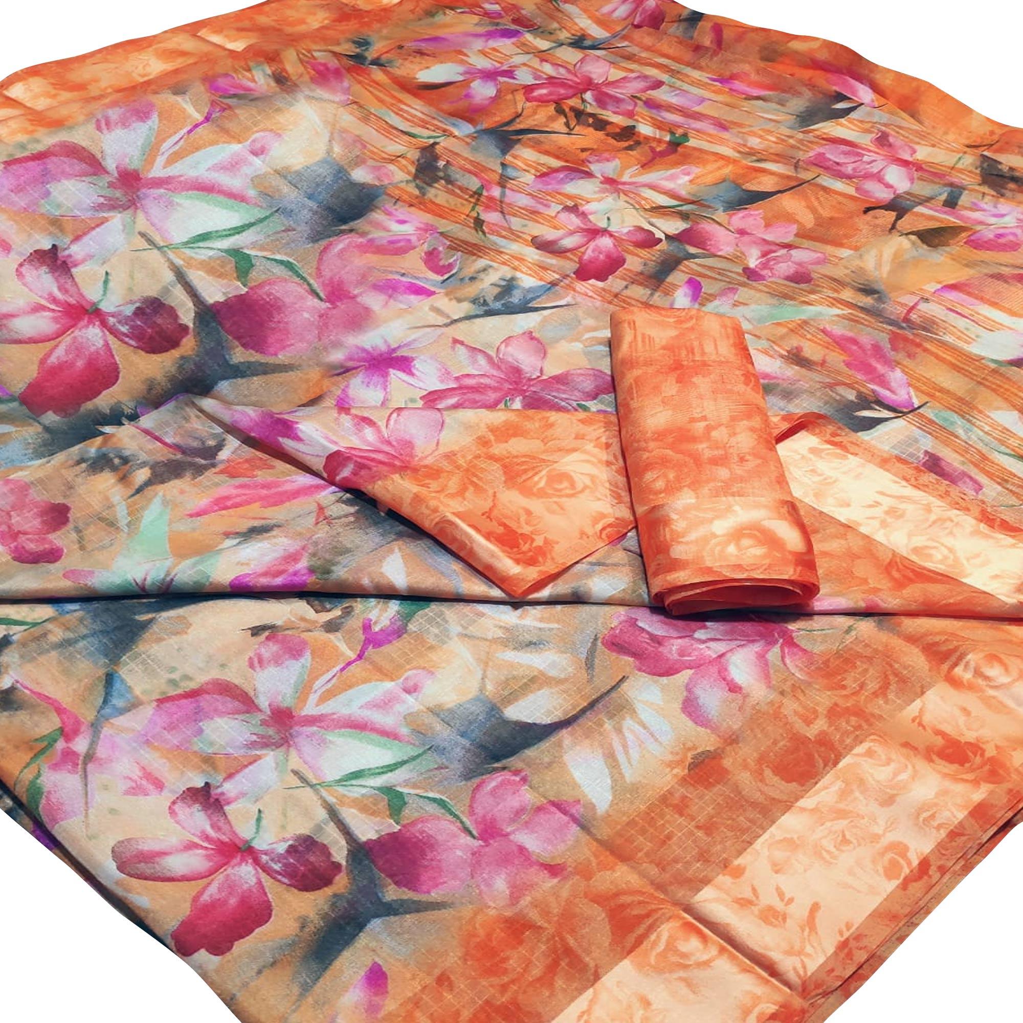 Dazzling Orange-Pink Colored Casual Wear Floral Printed Linen Saree - Peachmode