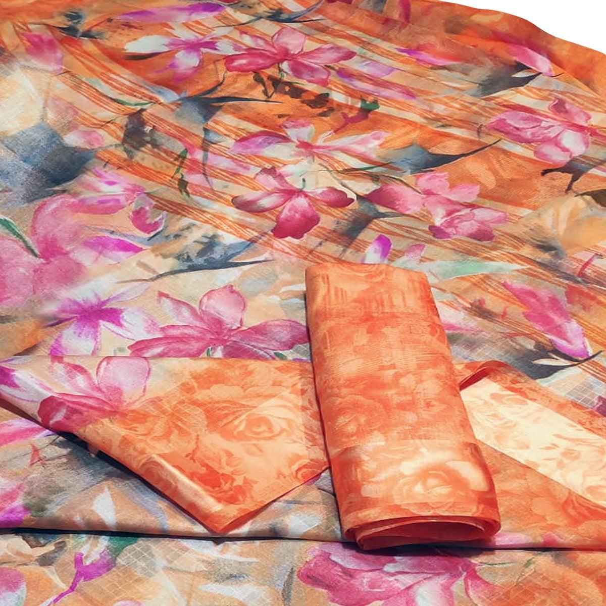 Dazzling Orange-Pink Colored Casual Wear Floral Printed Linen Saree - Peachmode