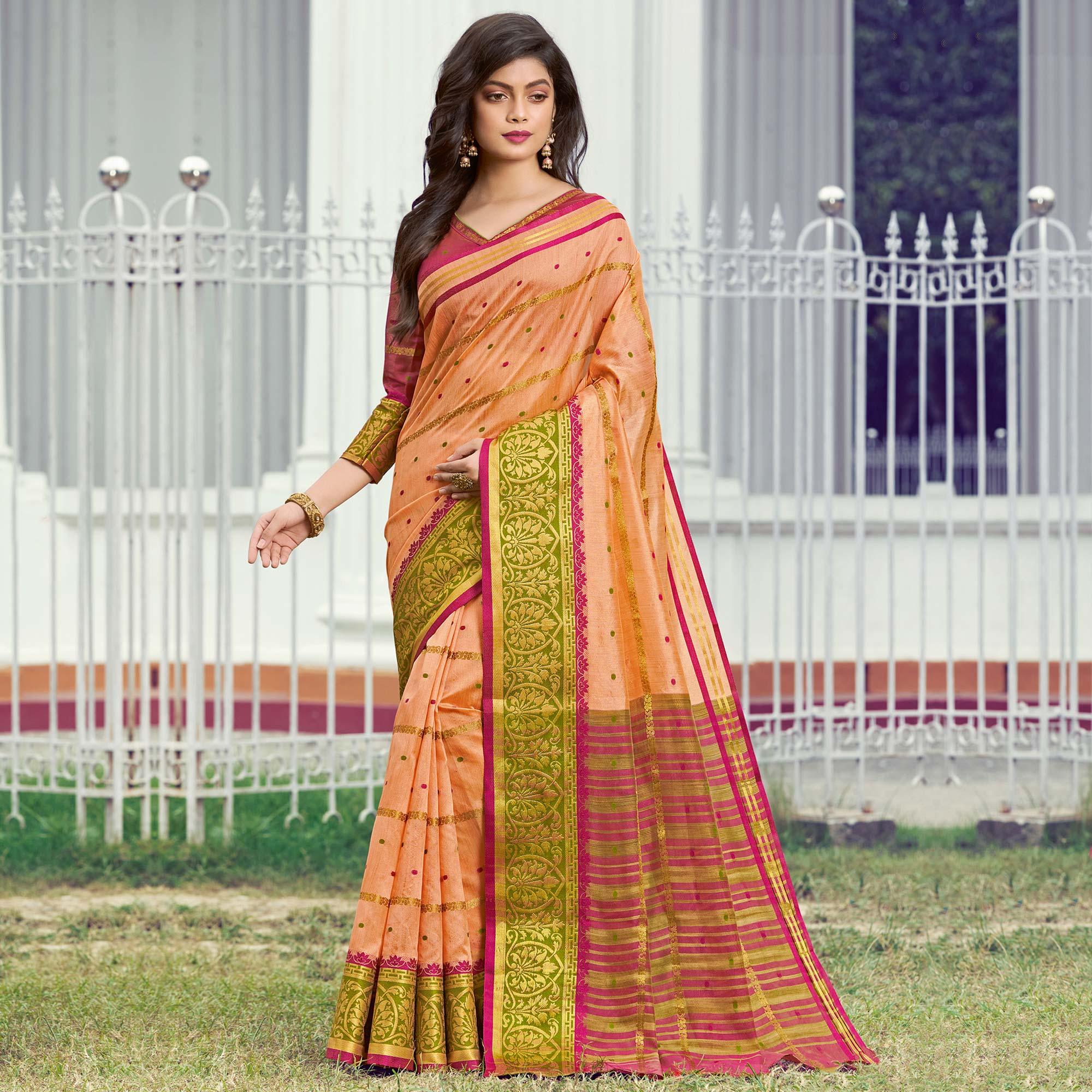 Dazzling Peach Colored Festive Wear Woven Handloom Silk Saree - Peachmode