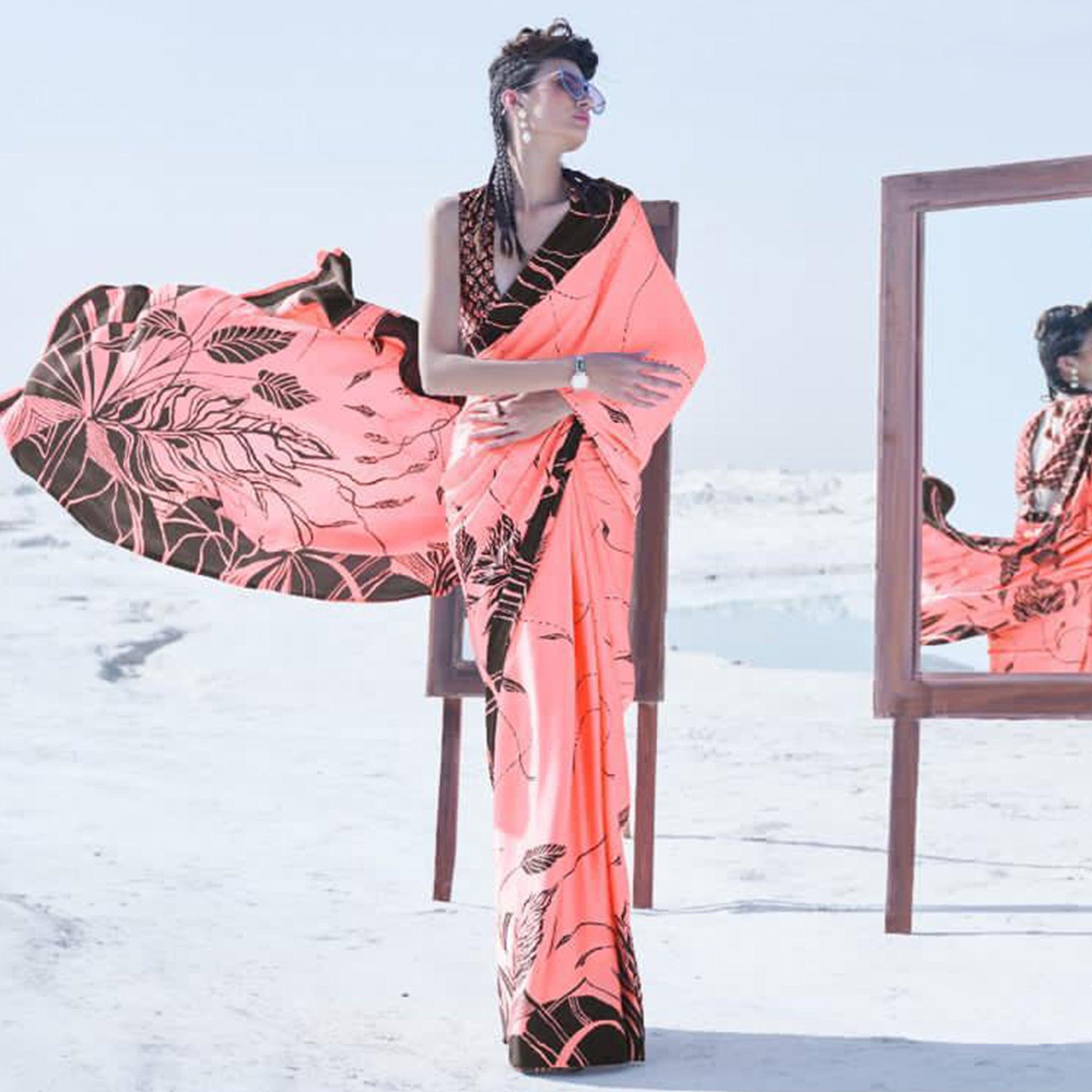 Dazzling Pink Colored Casual Wear Printed Satin Crepe Saree - Peachmode