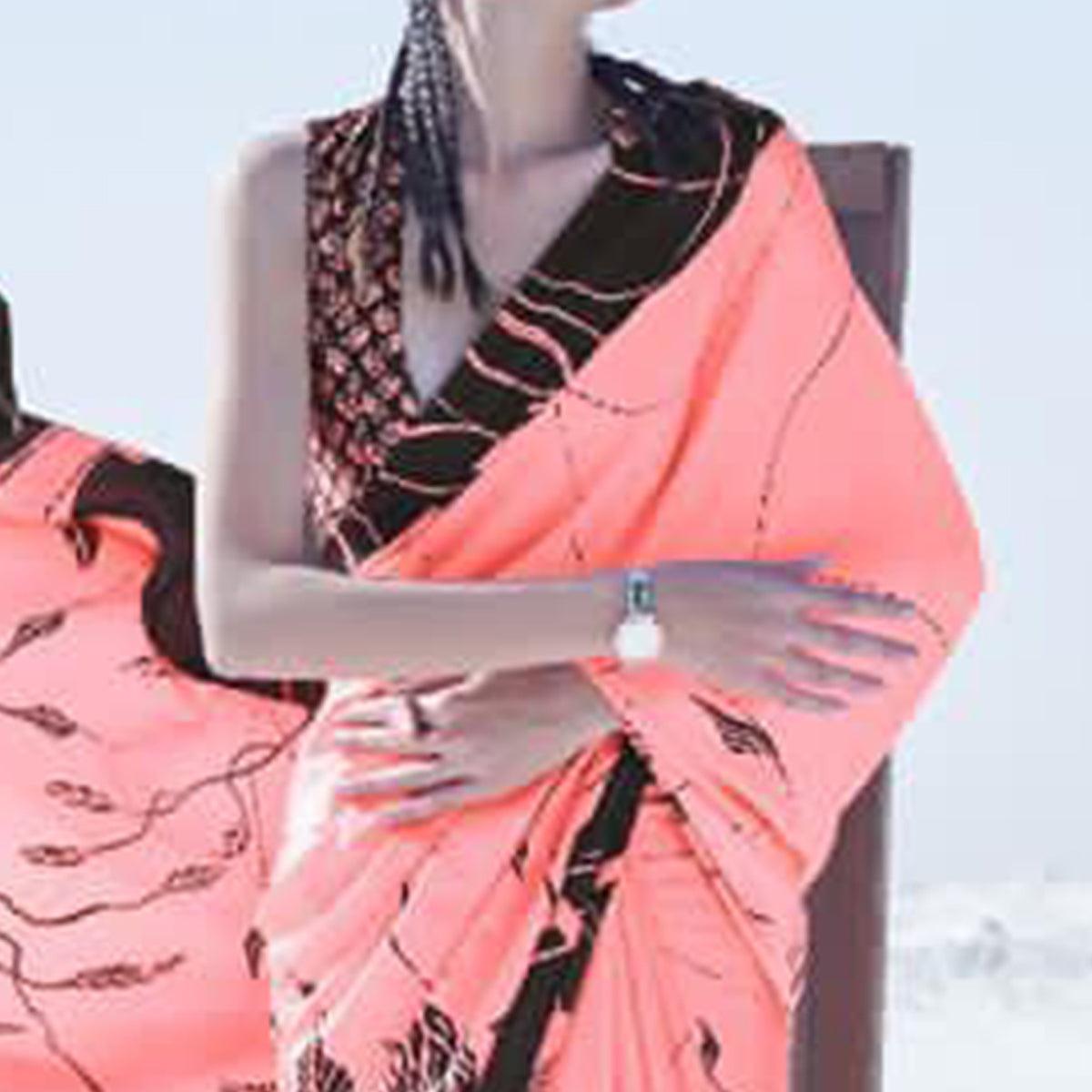 Dazzling Pink Colored Casual Wear Printed Satin Crepe Saree - Peachmode