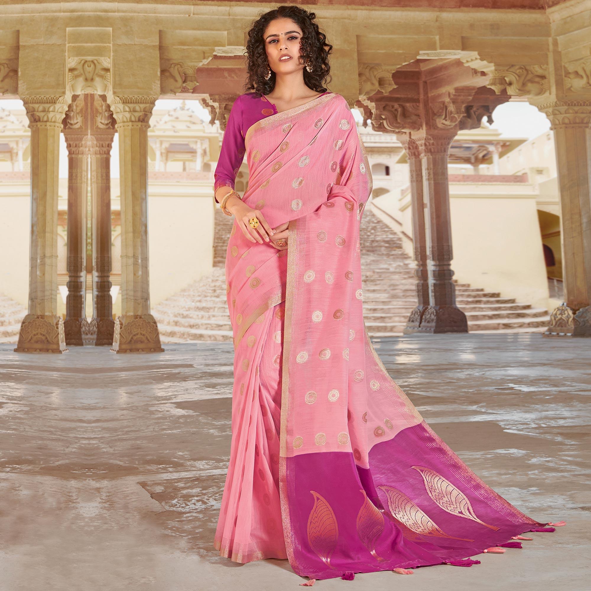 Dazzling Pink Colored Festive Wear Woven Linen Cotton Saree With Tassels - Peachmode